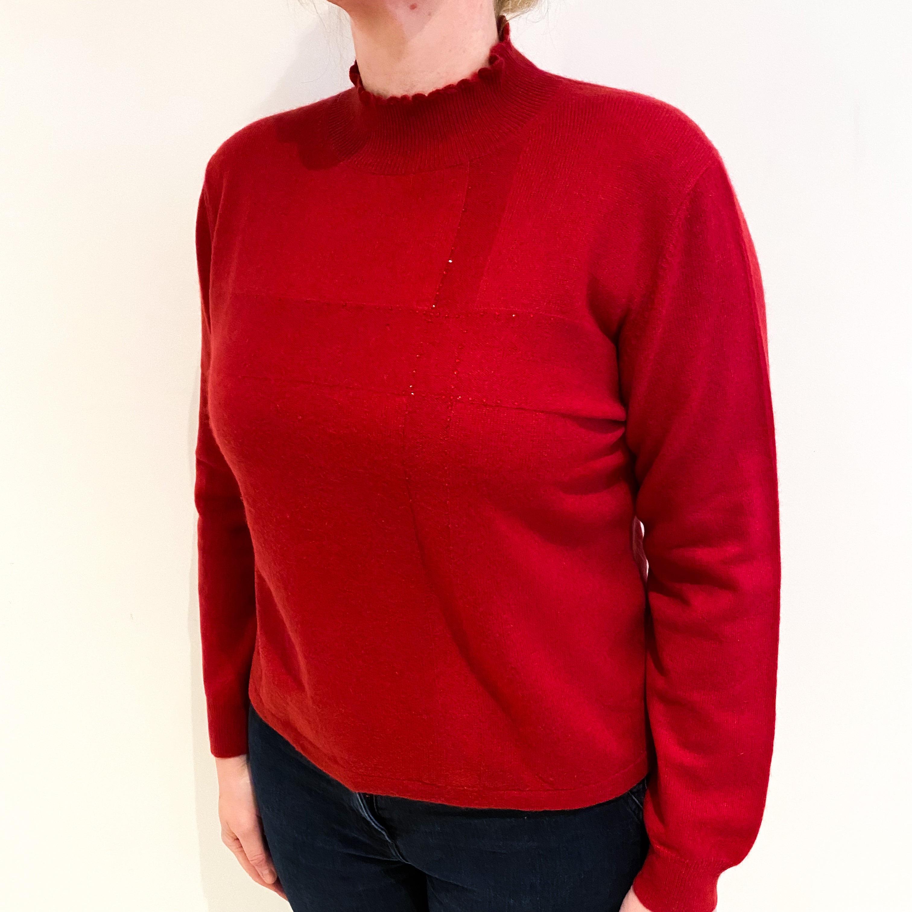 Red Diamanté Cashmere Turtle Neck Jumper Large