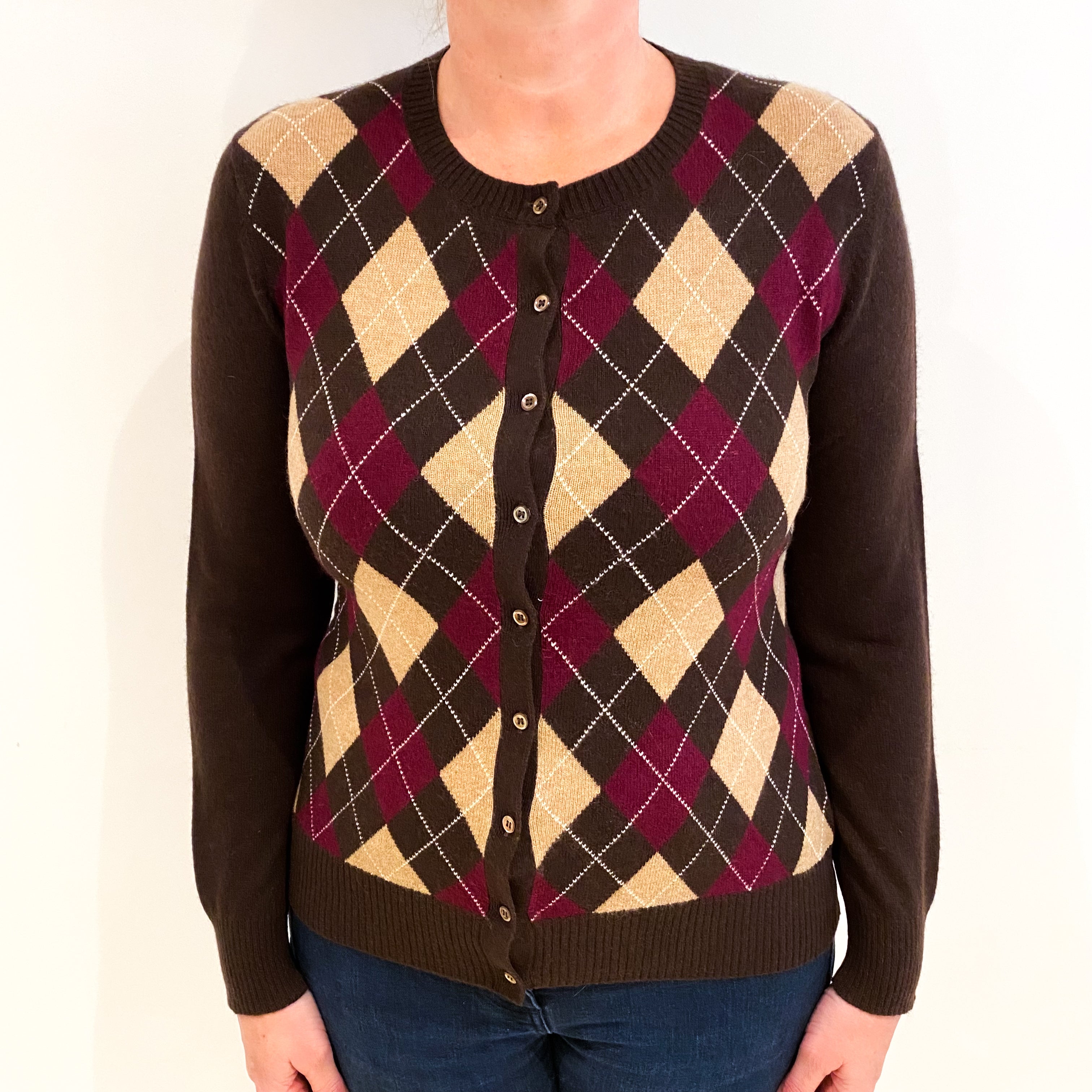 Brown Mulberry Argyle Cashmere Crew Neck Cardigan Large