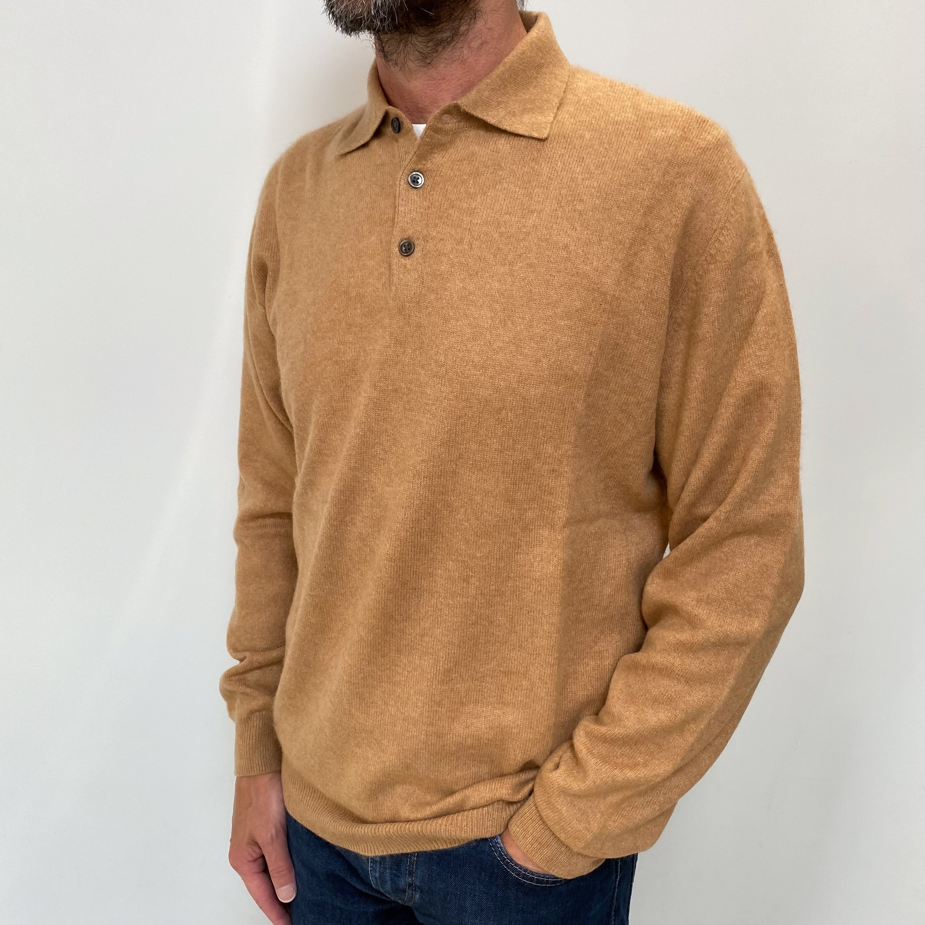 Men's Butterscotch Cashmere Quarter Button Jumper Small