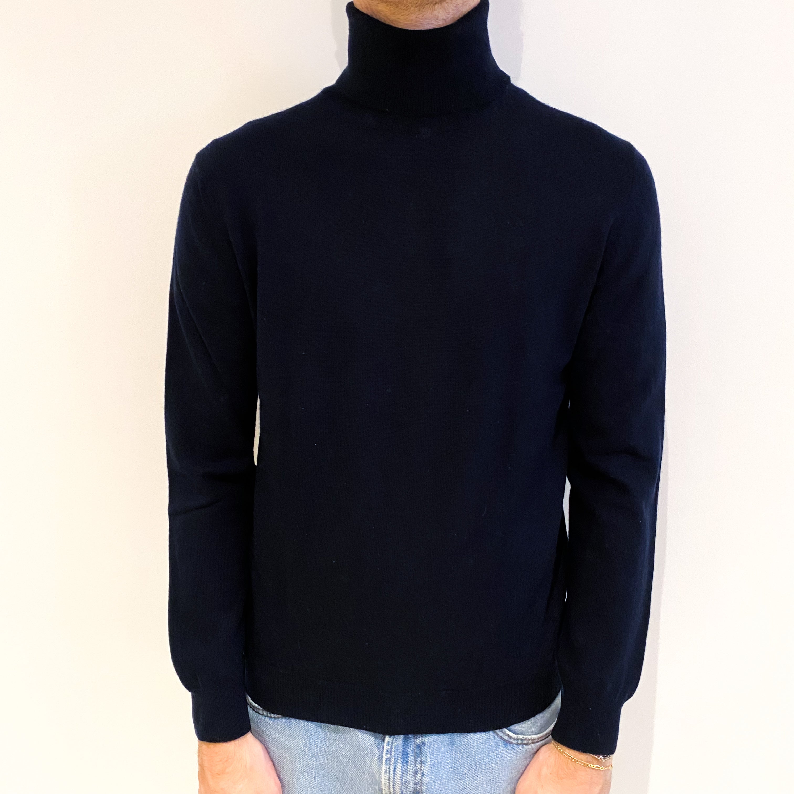 Men's Dark Navy Blue Cashmere Polo Neck Jumper Medium