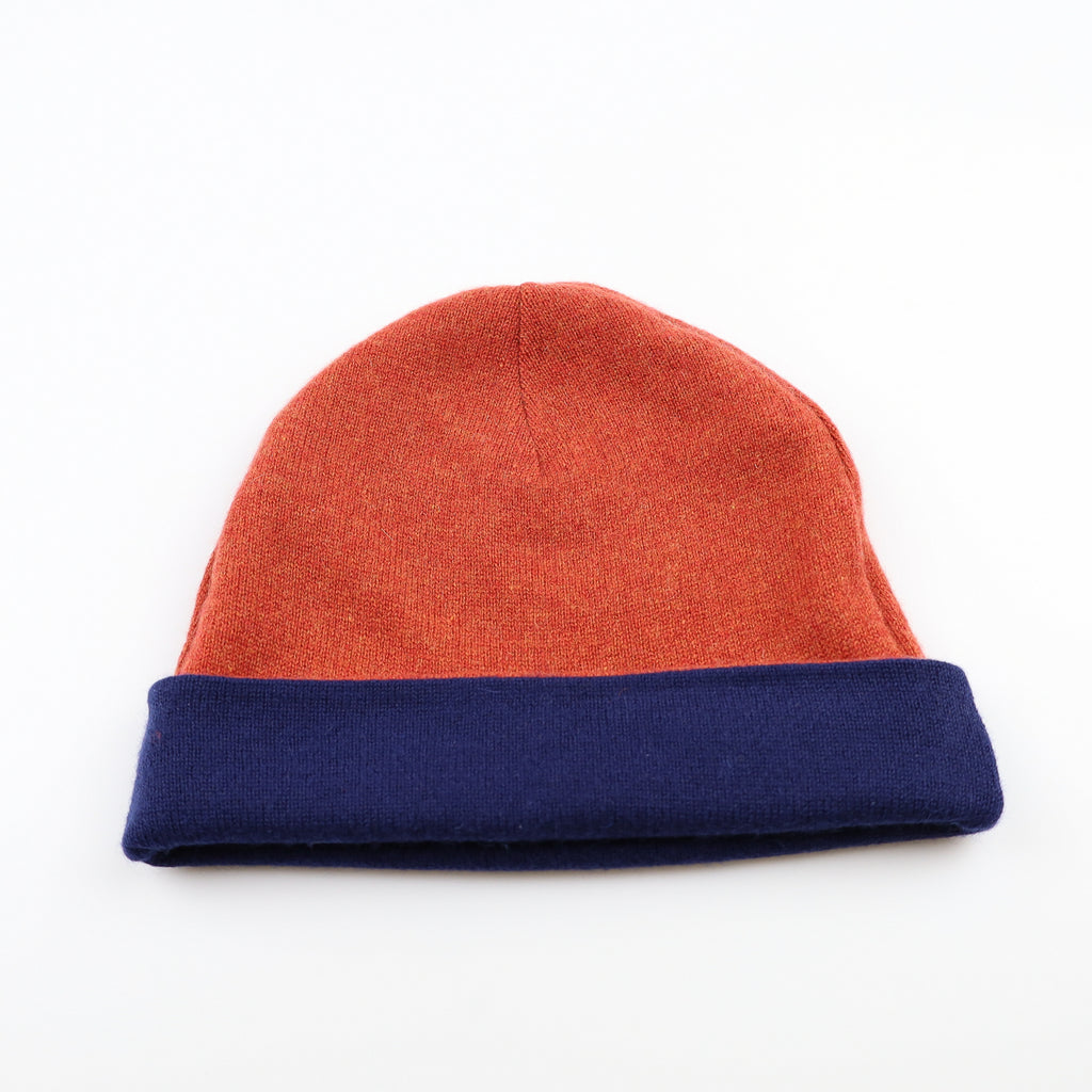 Burnt Orange and Navy Reversible Cashmere Beanie Hat