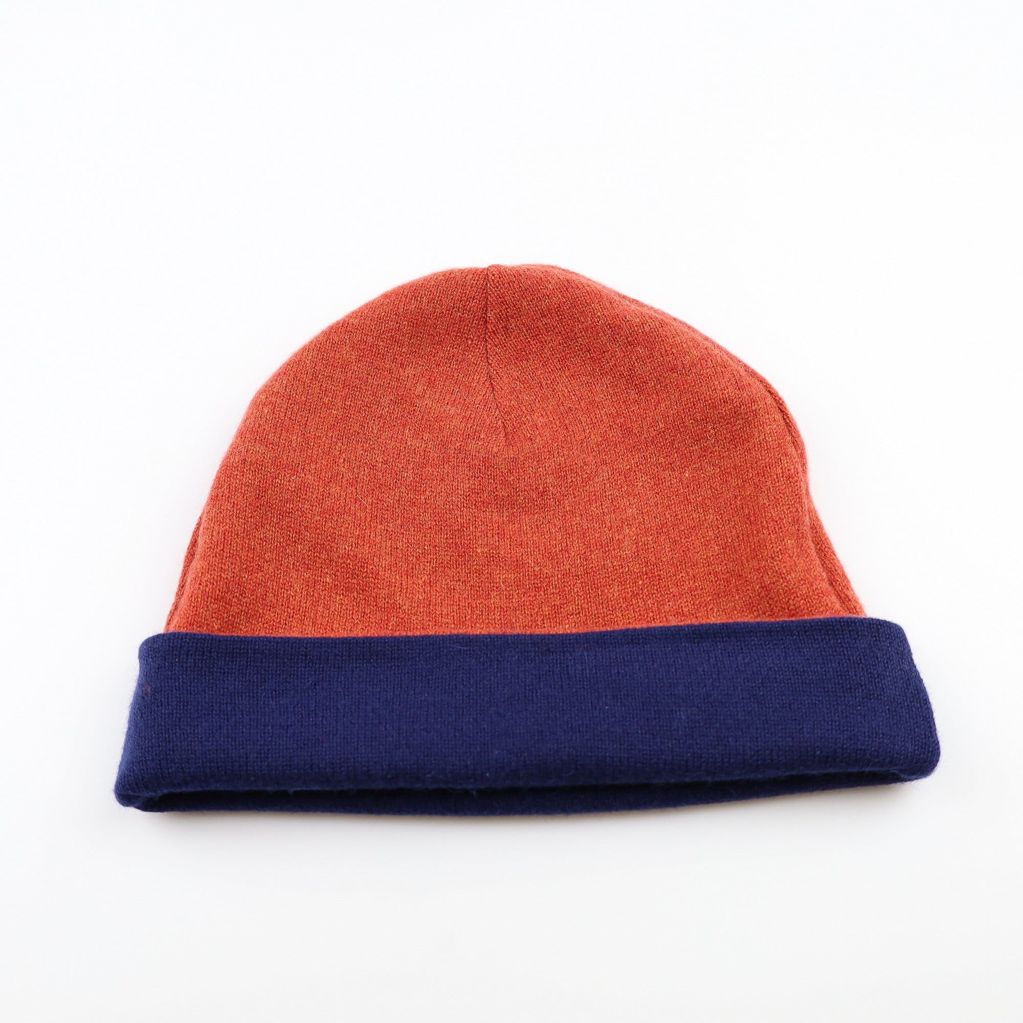 Burnt Orange and Navy Reversible Cashmere Beanie Hat