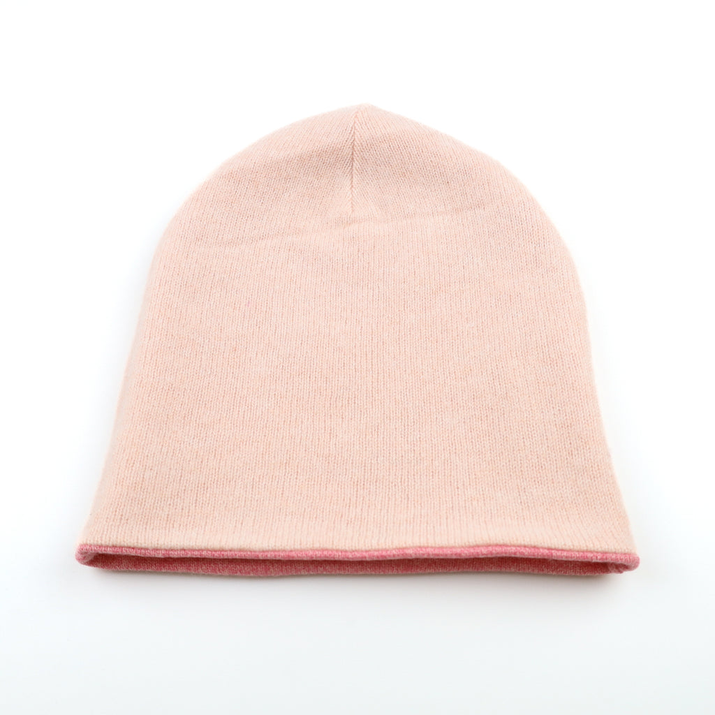 Raspberry and light Pink Reversible Cashmere Beanie Hat