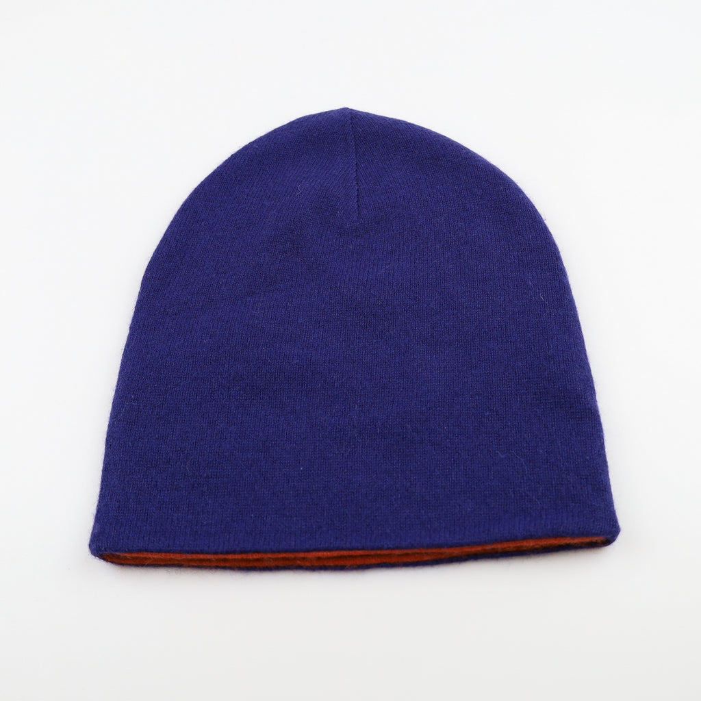 Midnight Blue and Orange Reversible Cashmere Beanie Hat