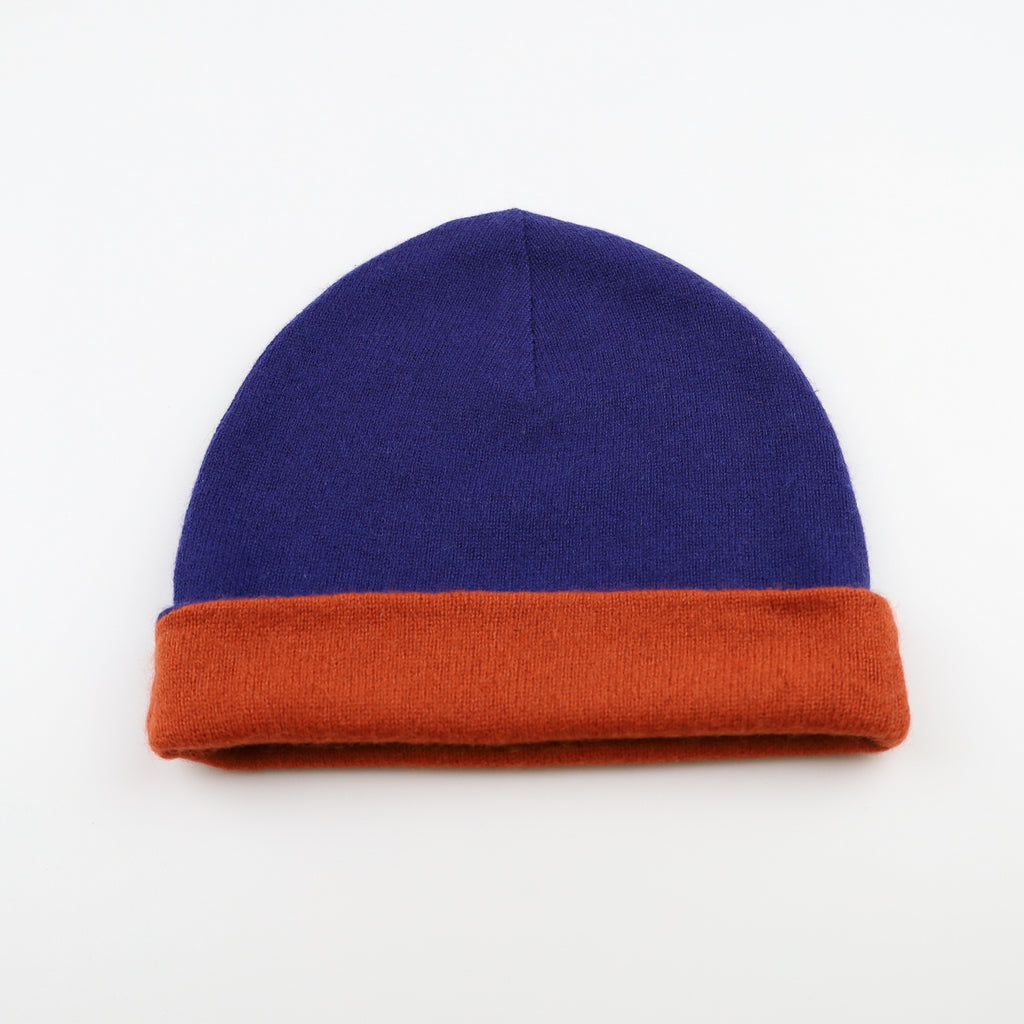 Midnight Blue and Orange Reversible Cashmere Beanie Hat