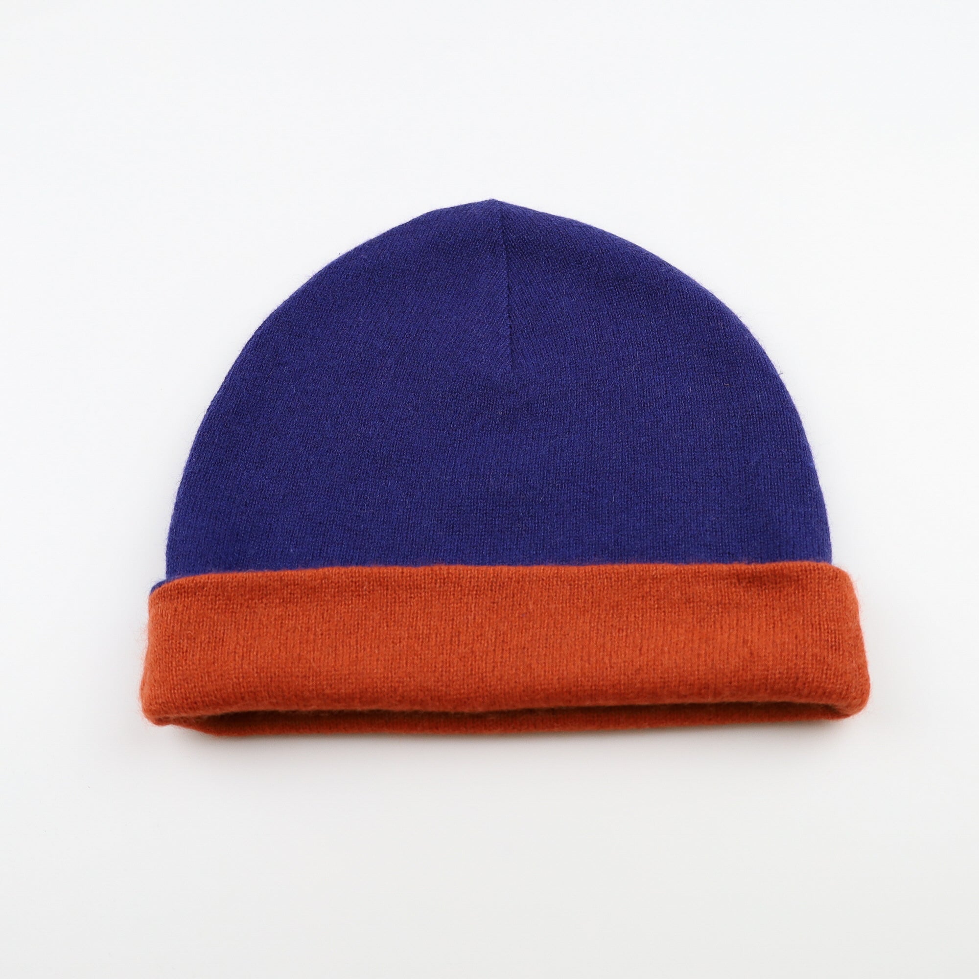 Midnight Blue and Orange Reversible Cashmere Beanie Hat
