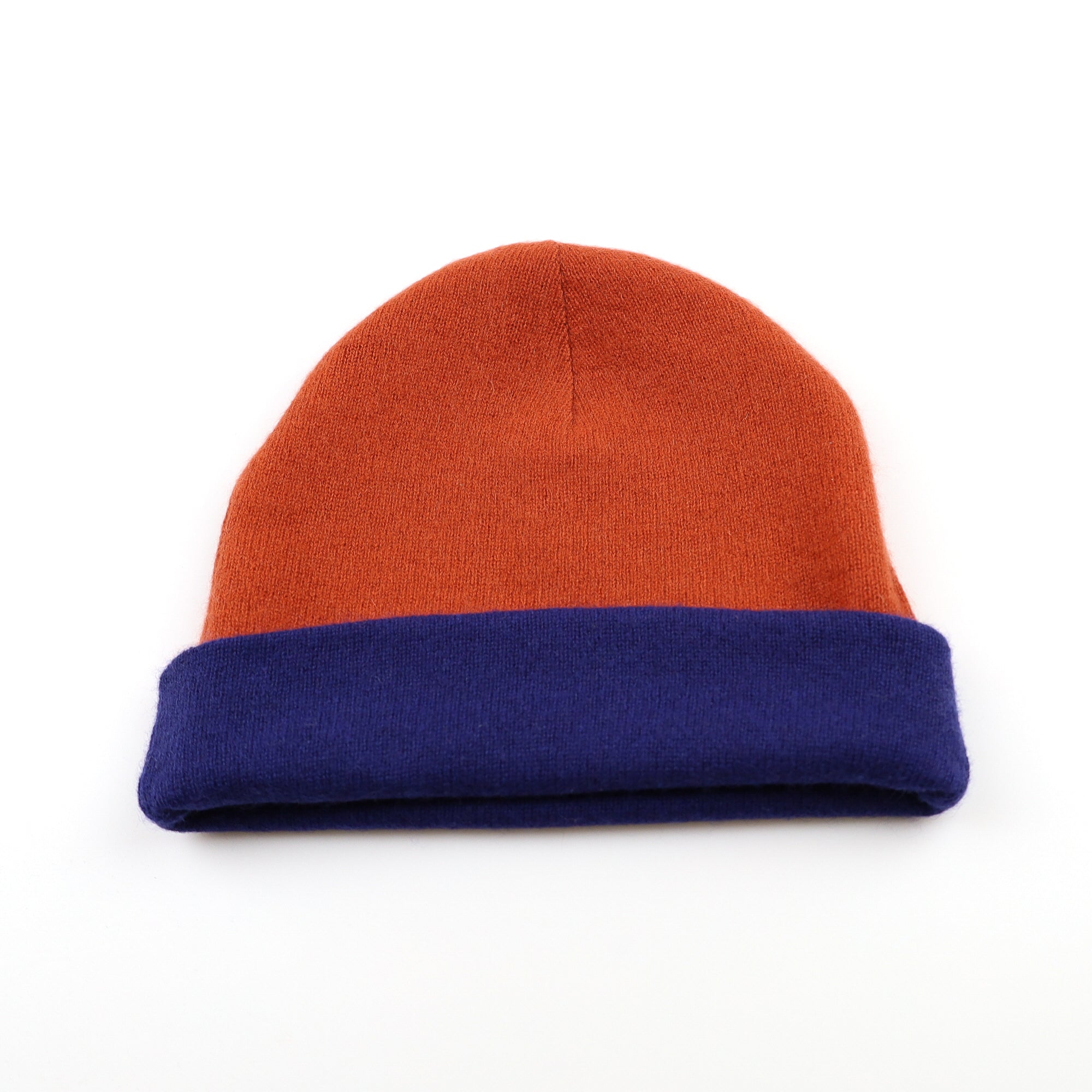 Midnight Blue and Orange Reversible Cashmere Beanie Hat