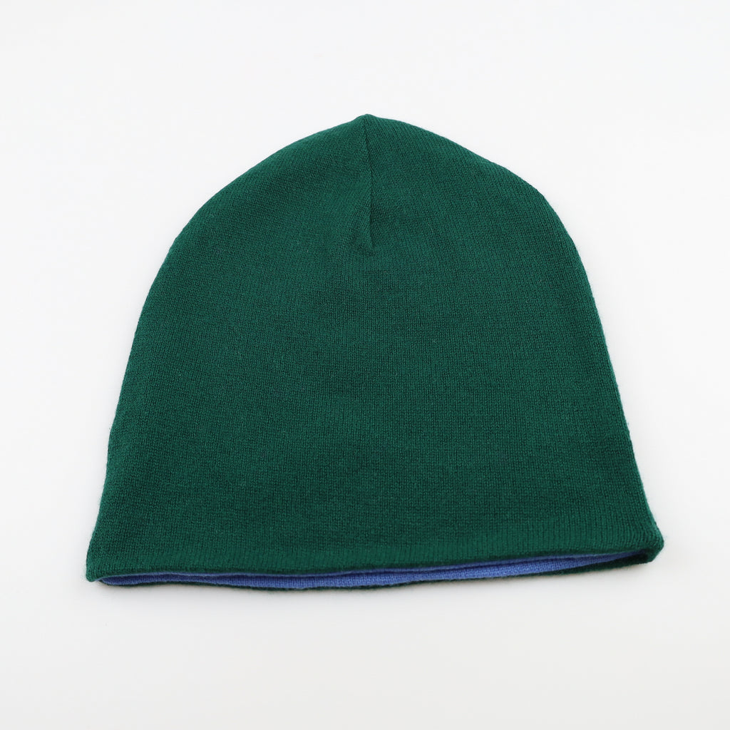 Cornflower Blue and Green Reversible Cashmere Beanie Hat