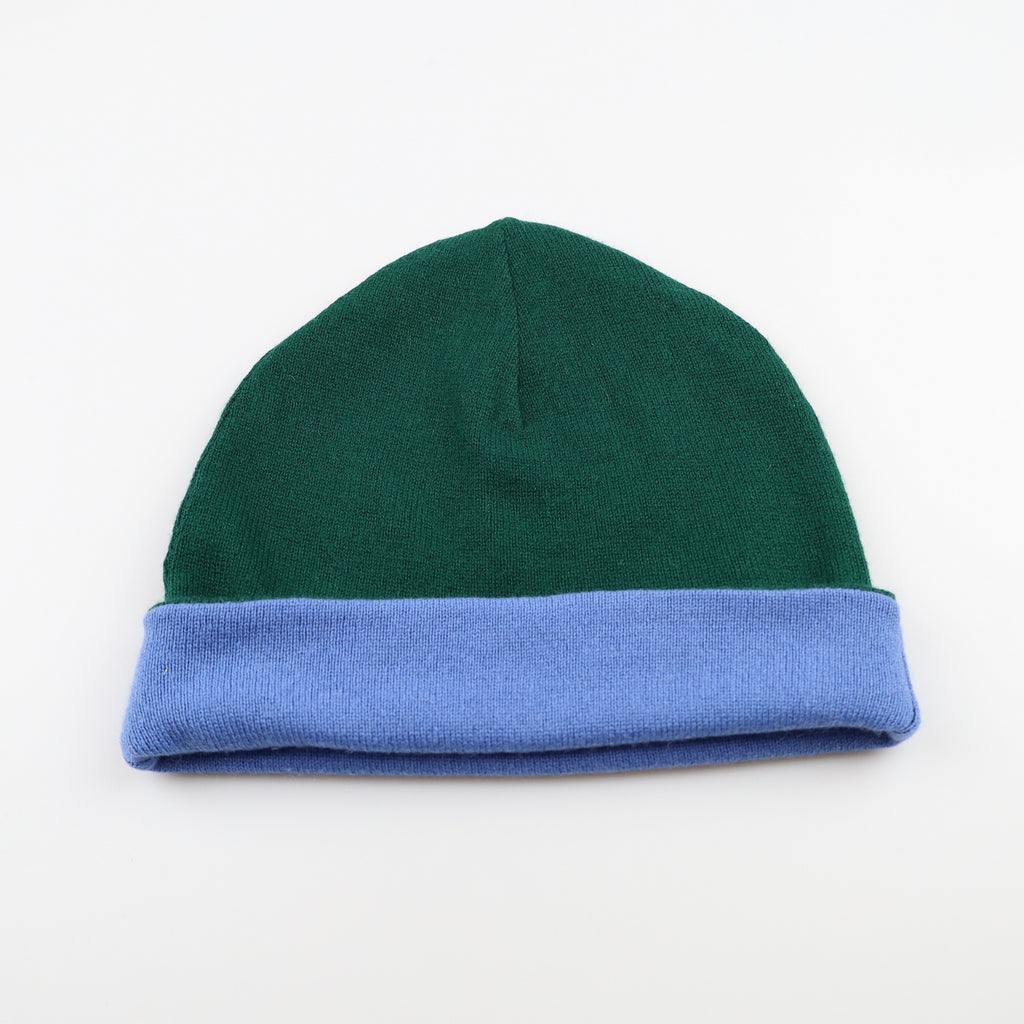 Cornflower Blue and Green Reversible Cashmere Beanie Hat