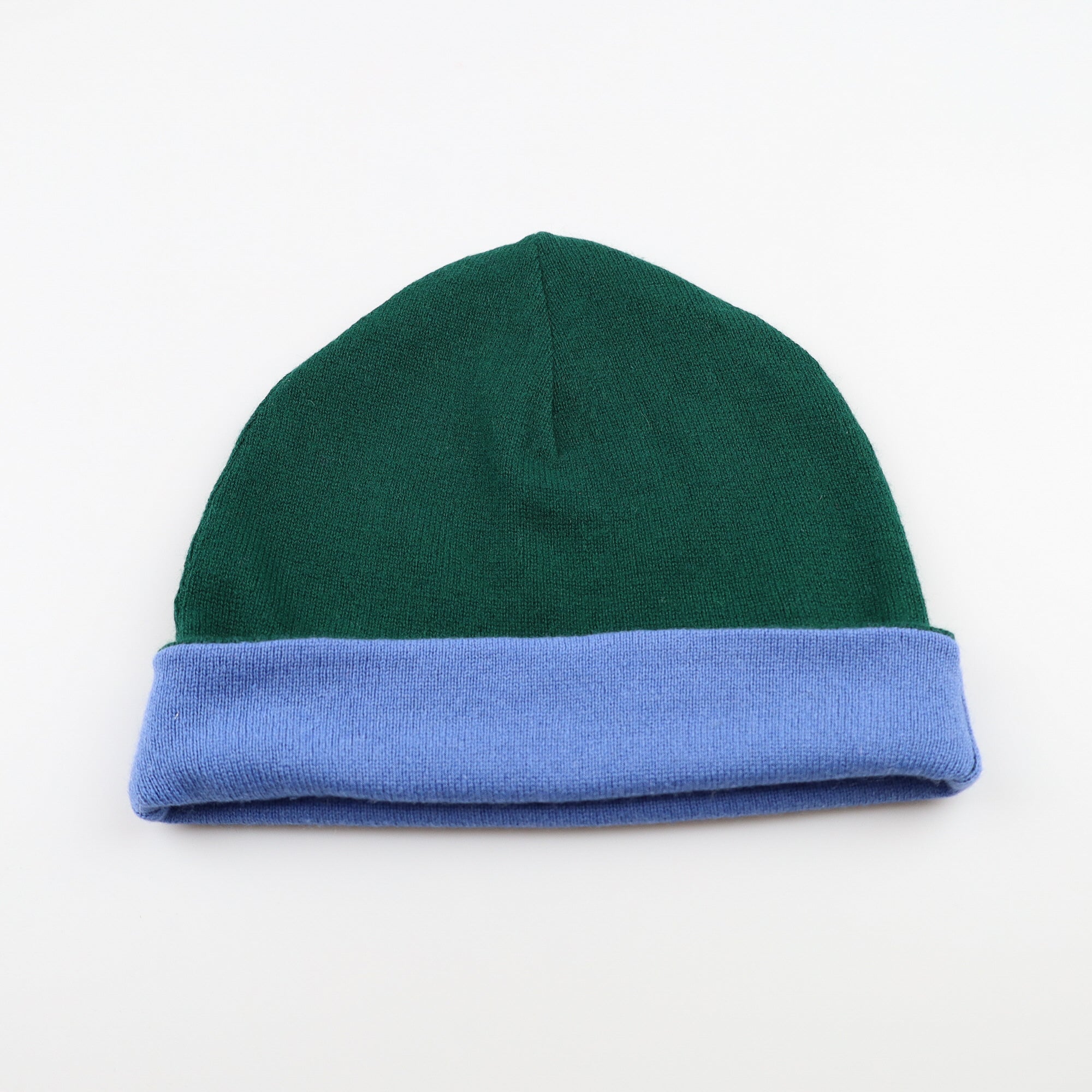 Cornflower Blue and Green Reversible Cashmere Beanie Hat