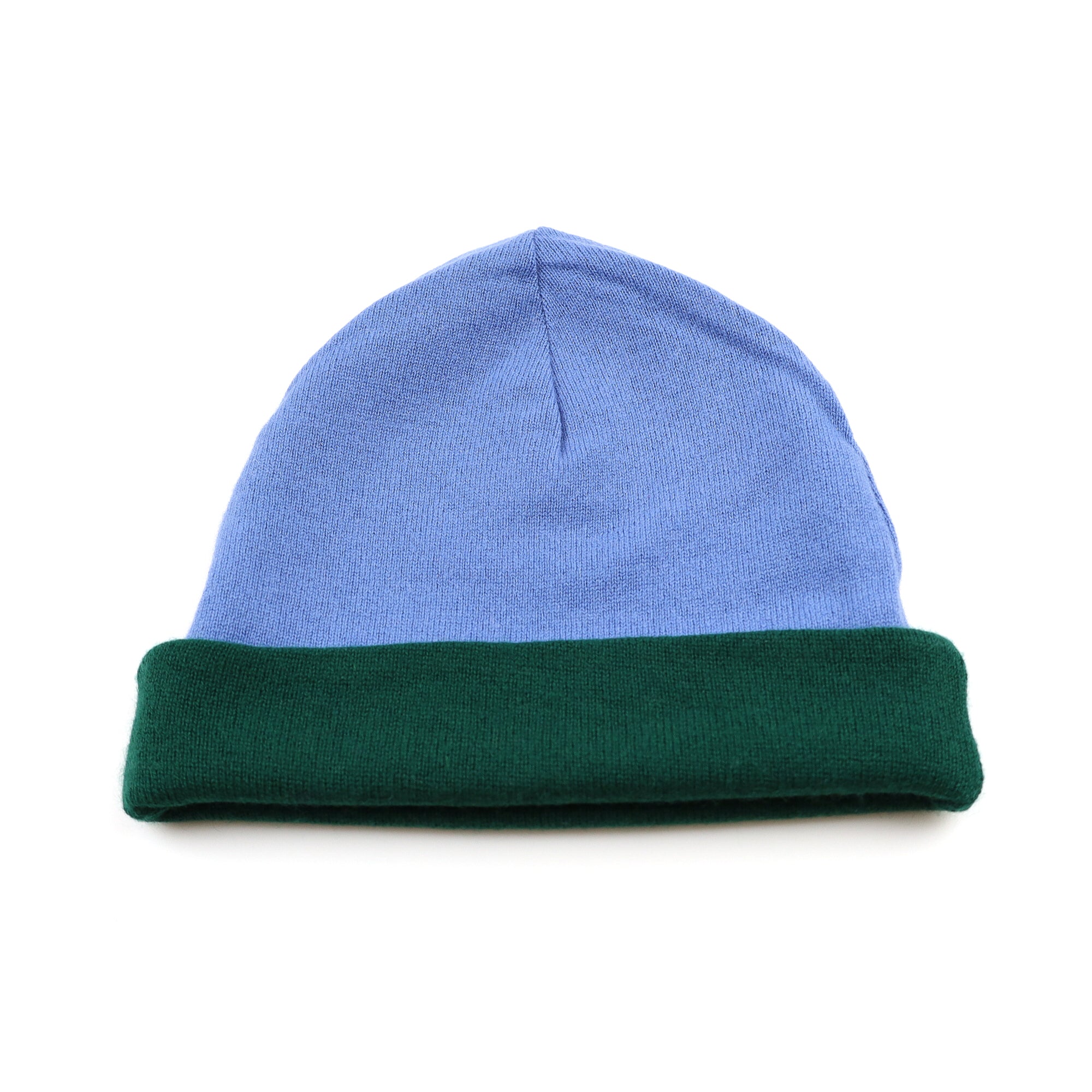 Cornflower Blue and Green Reversible Cashmere Beanie Hat