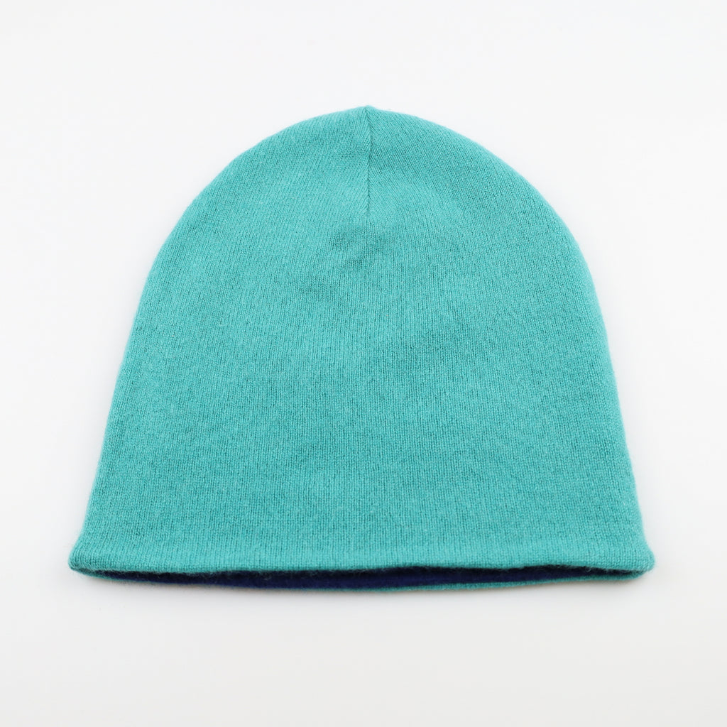 Men’s Navy Blue and Green Reversible Cashmere Beanie Hat