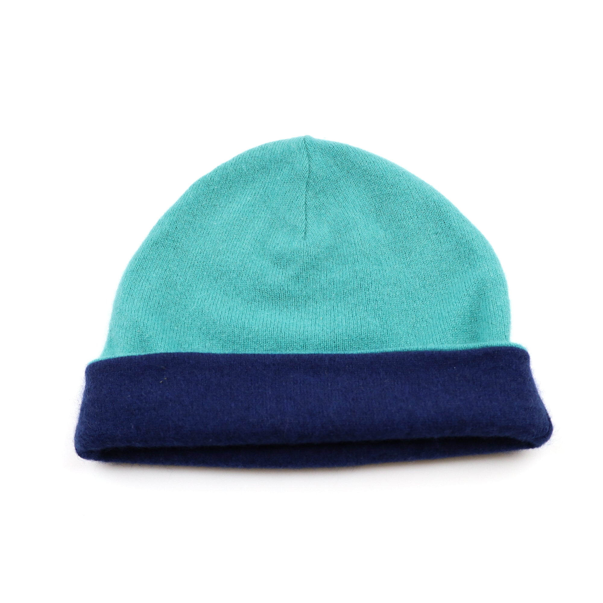 Navy Blue and Green Reversible Cashmere Beanie Hat