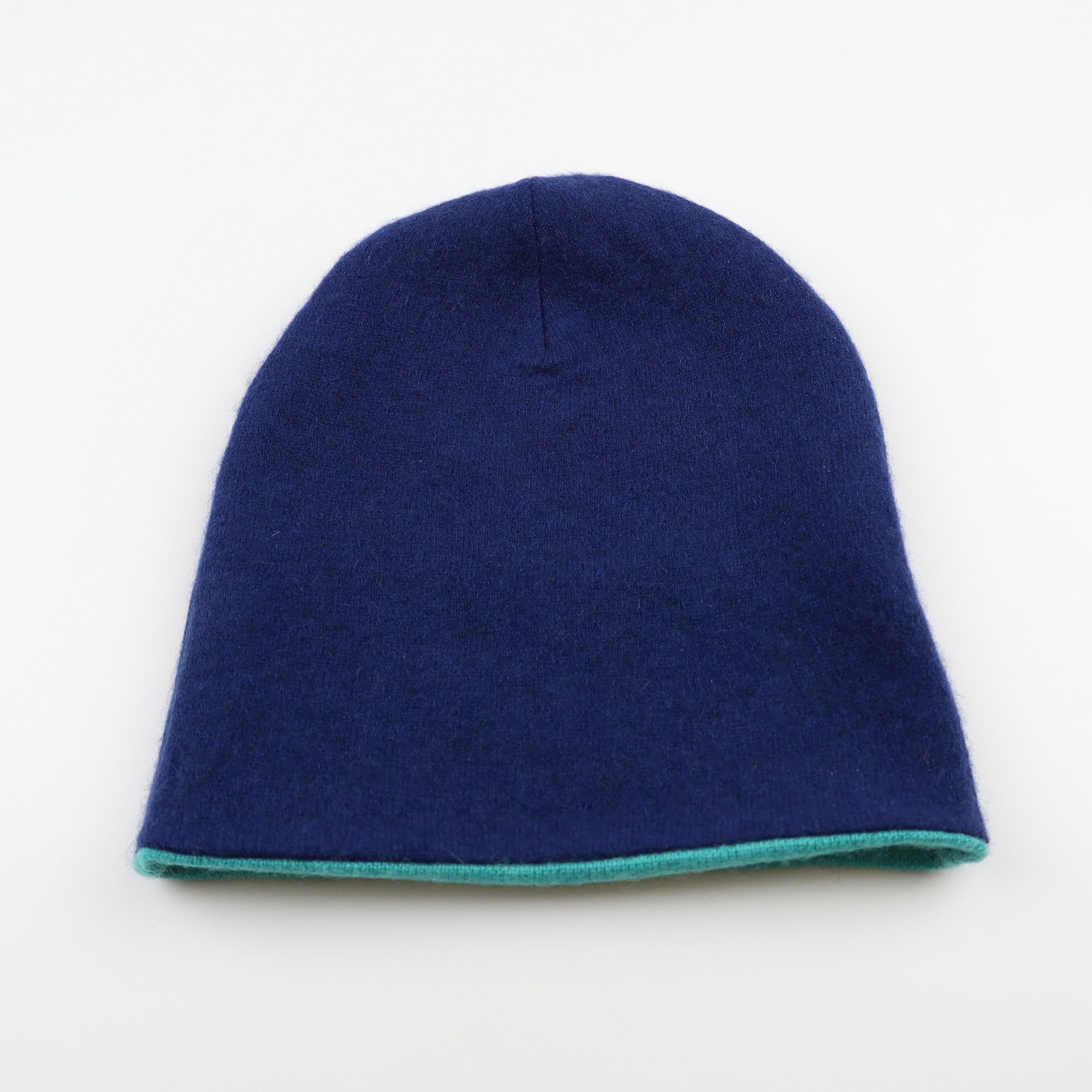 Navy Blue and Green Reversible Cashmere Beanie Hat