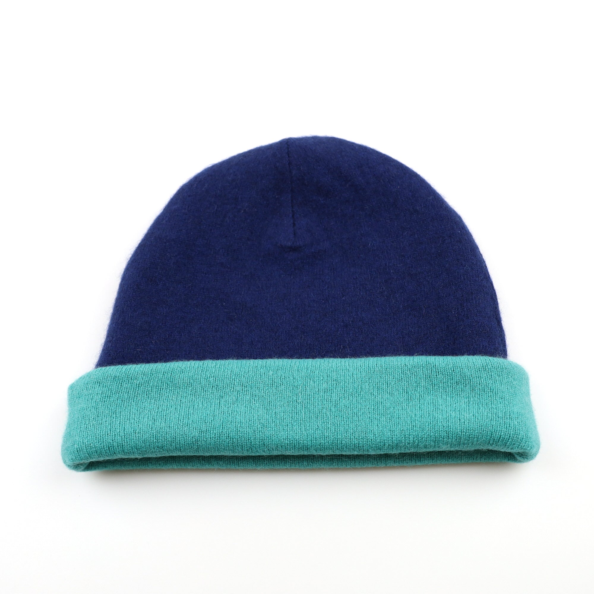 Navy Blue and Green Reversible Cashmere Beanie Hat