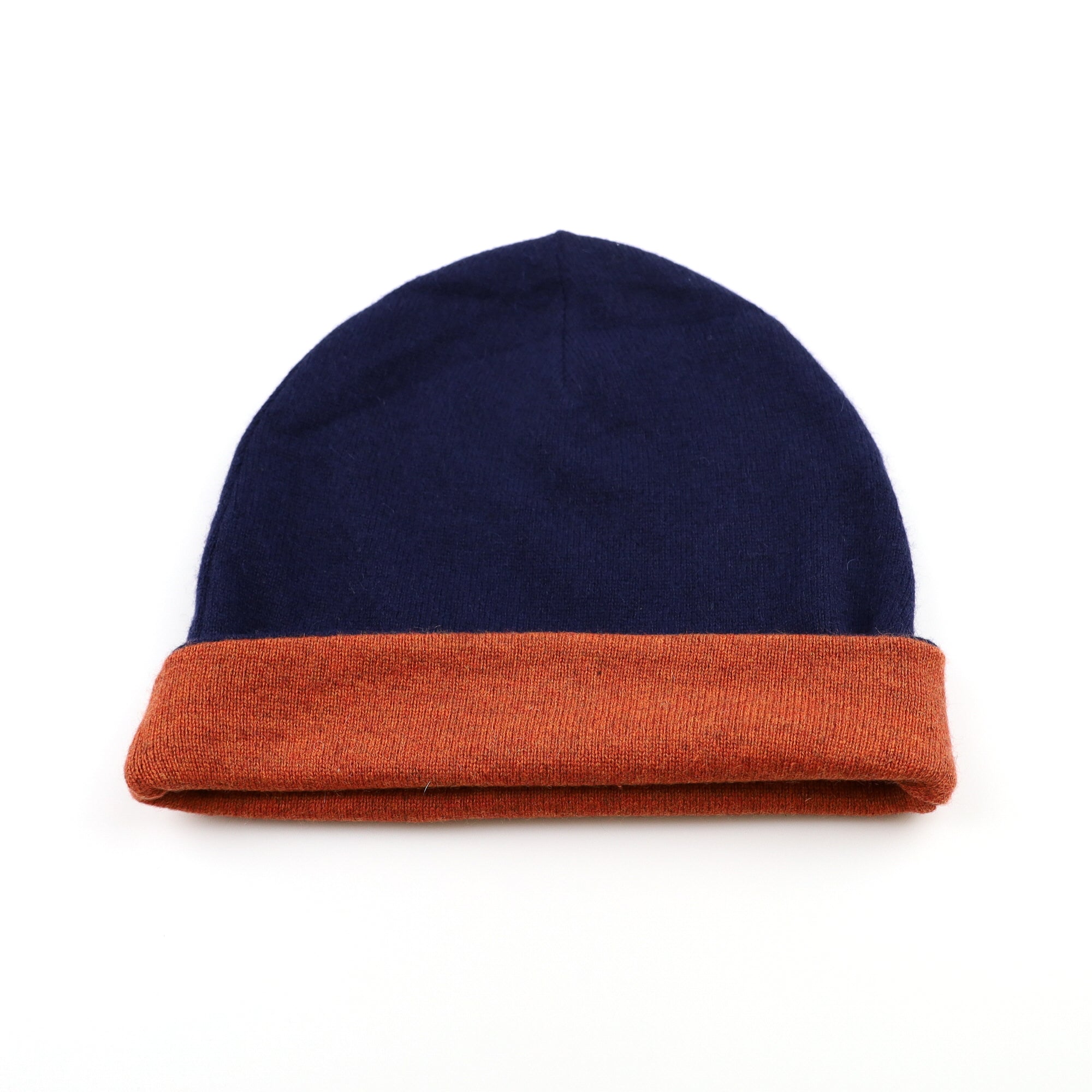 Sunset Orange and Navy Reversible Cashmere Beanie Hat
