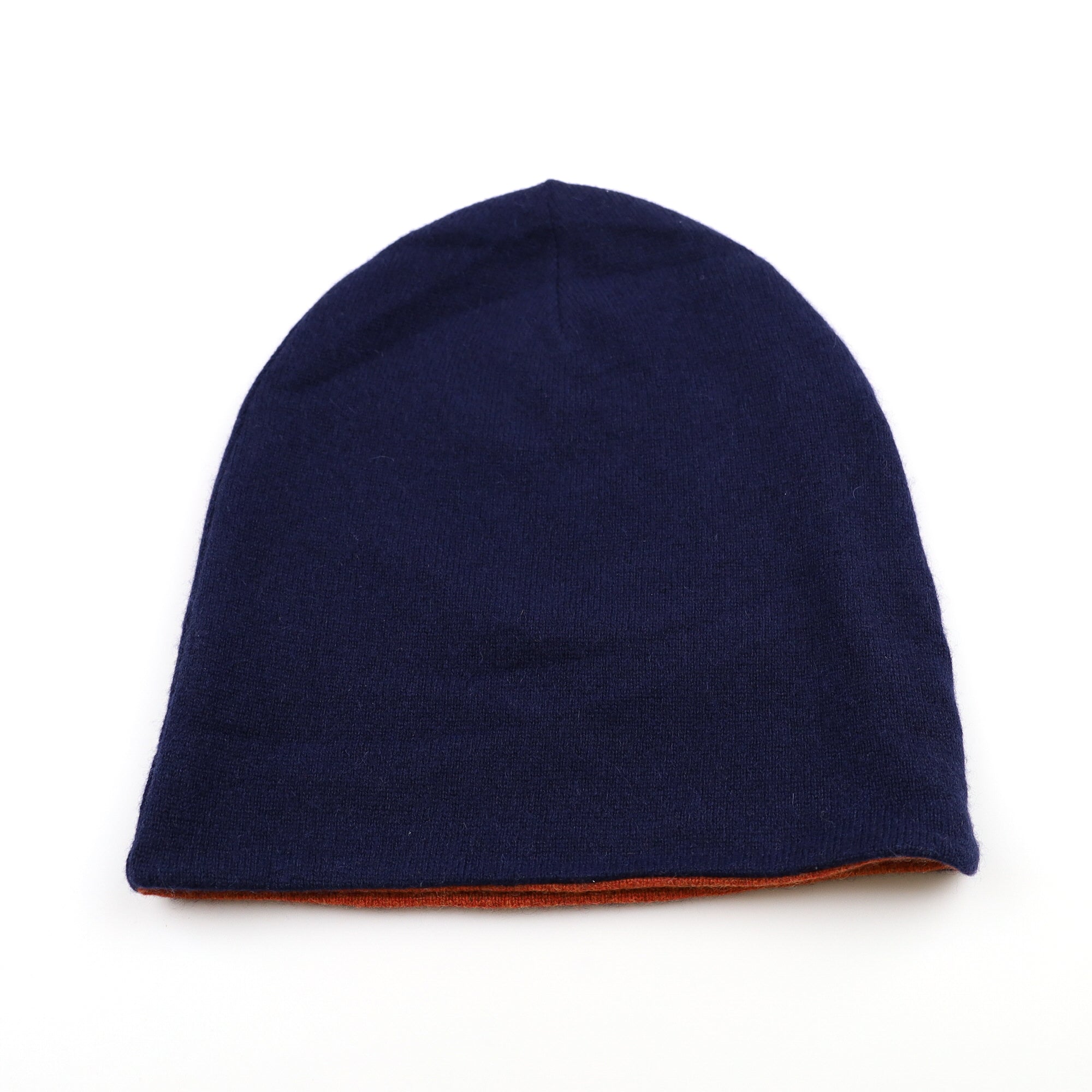 Sunset Orange and Navy Reversible Cashmere Beanie Hat