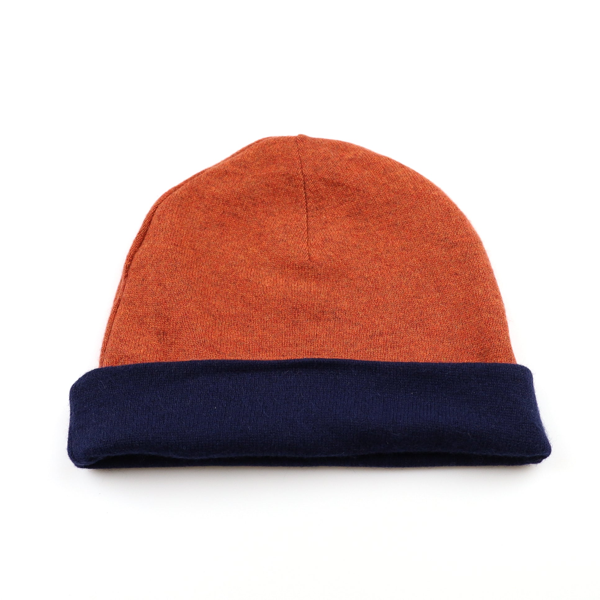 Sunset Orange and Navy Reversible Cashmere Beanie Hat