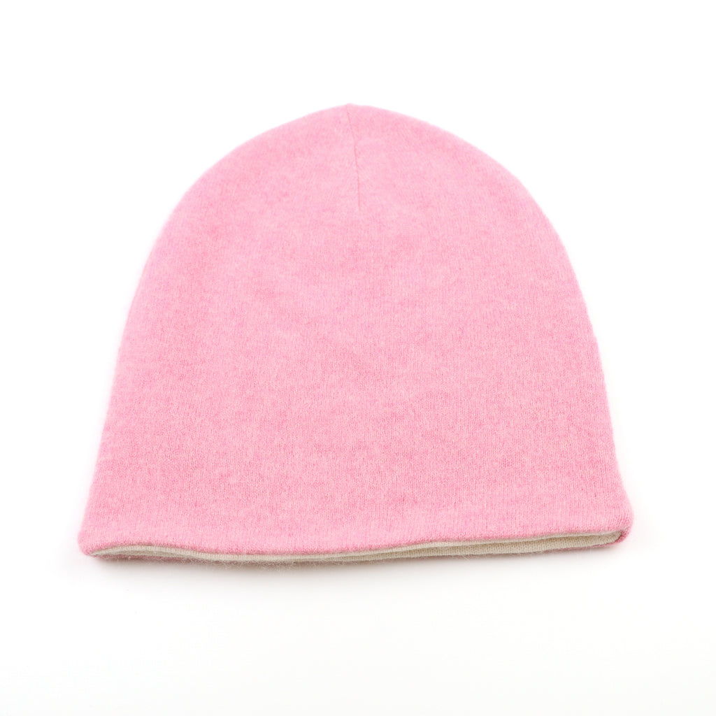 Blush Pink and Cream Reversible Cashmere Beanie Hat
