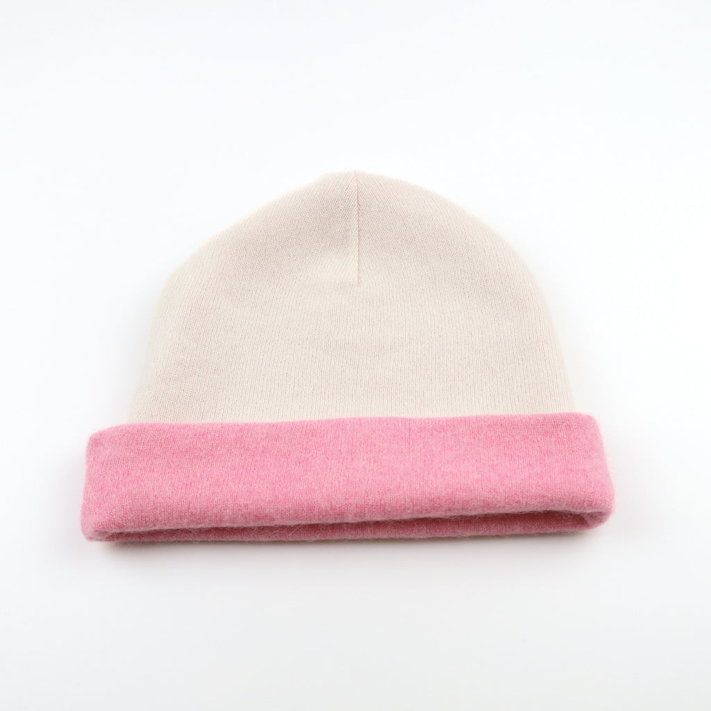 Blush Pink and Cream Reversible Cashmere Beanie Hat