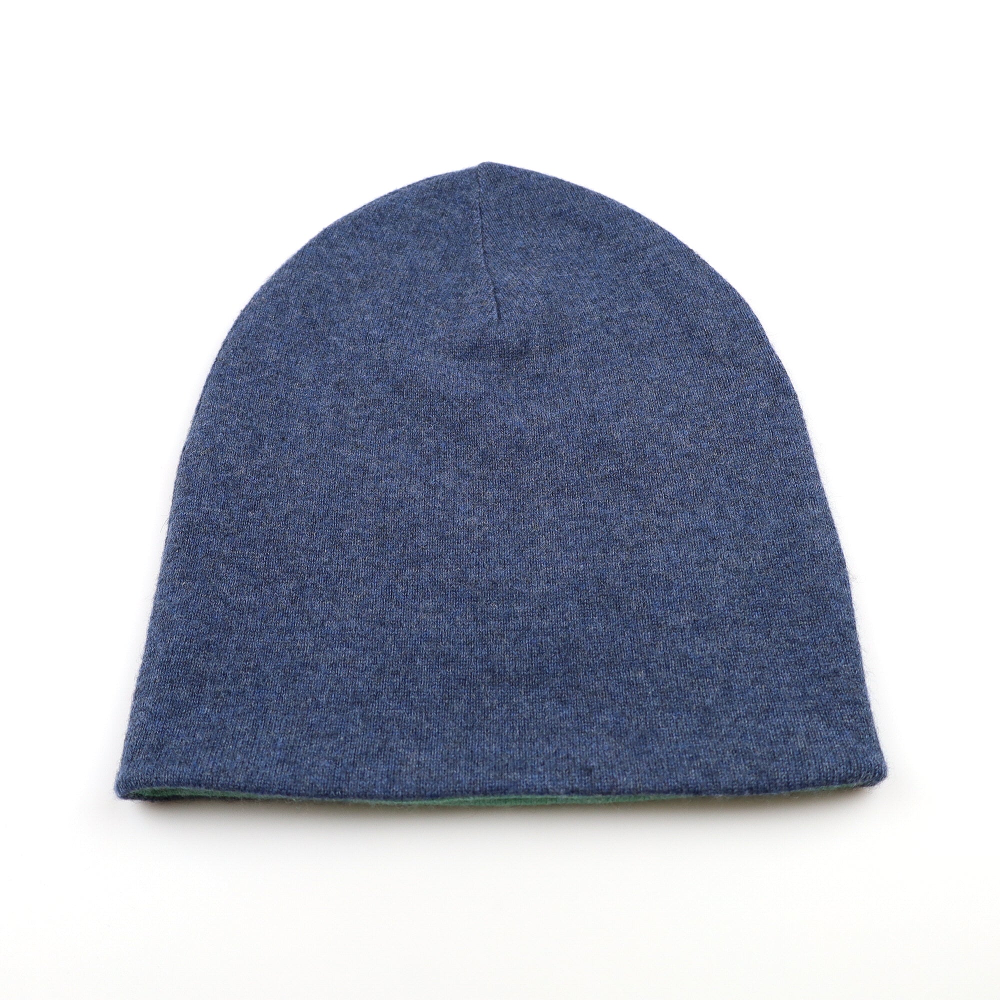Denim Blue and Green Reversible Cashmere Beanie Hat