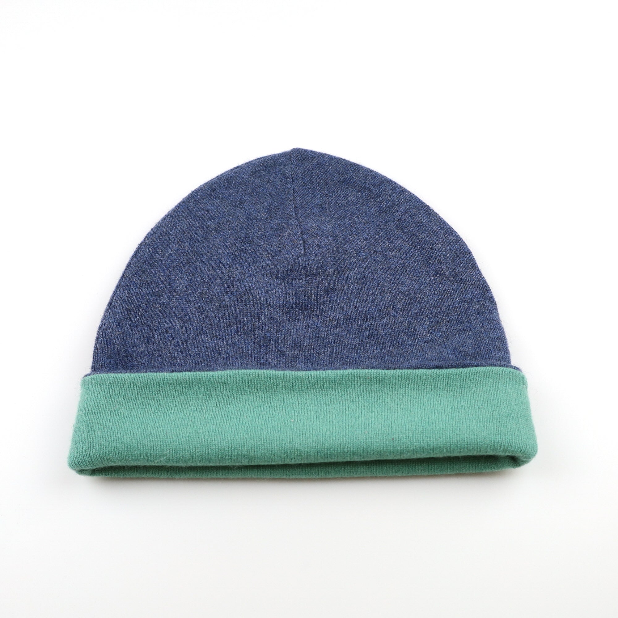Denim Blue and Green Reversible Cashmere Beanie Hat