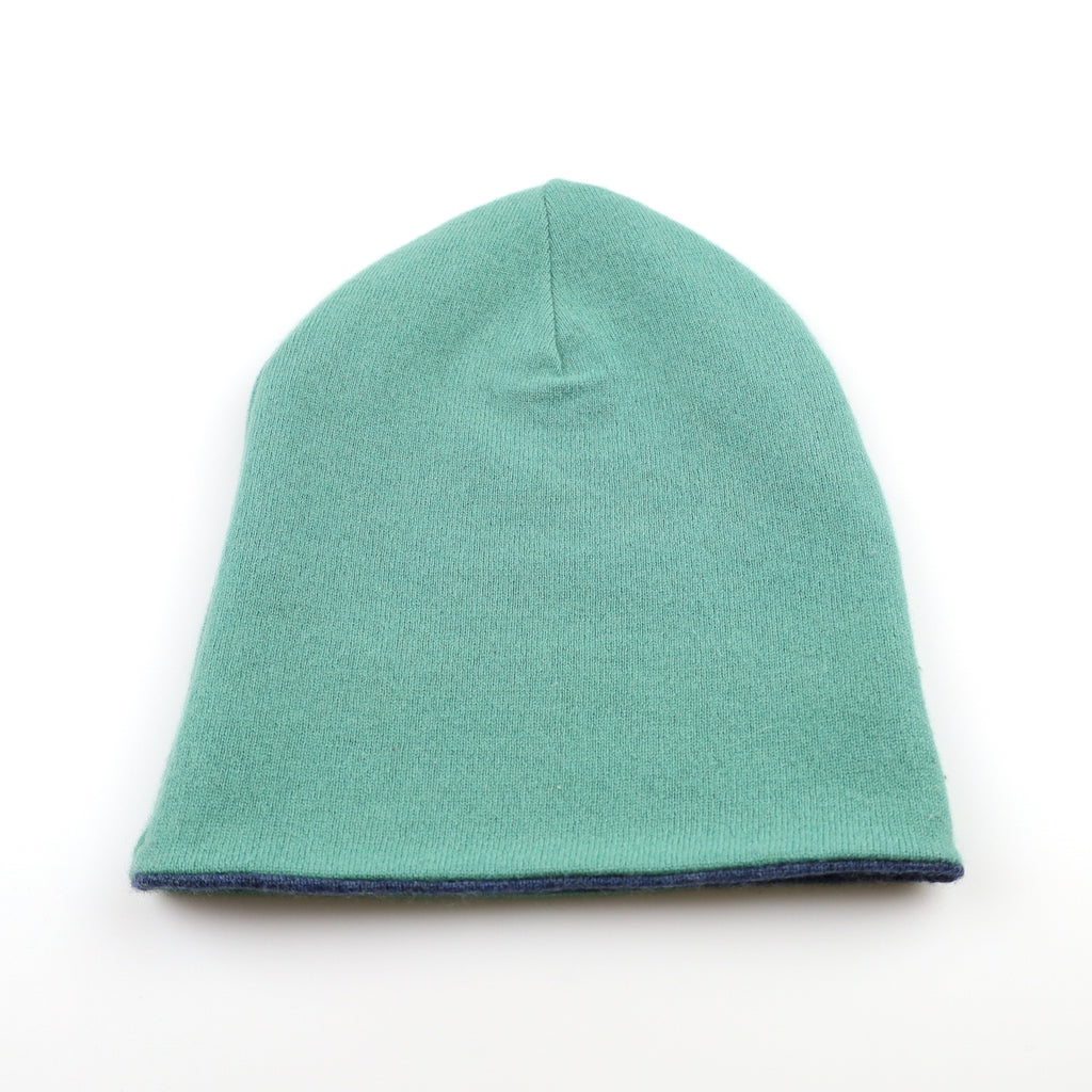Denim Blue and Green Reversible Cashmere Beanie Hat