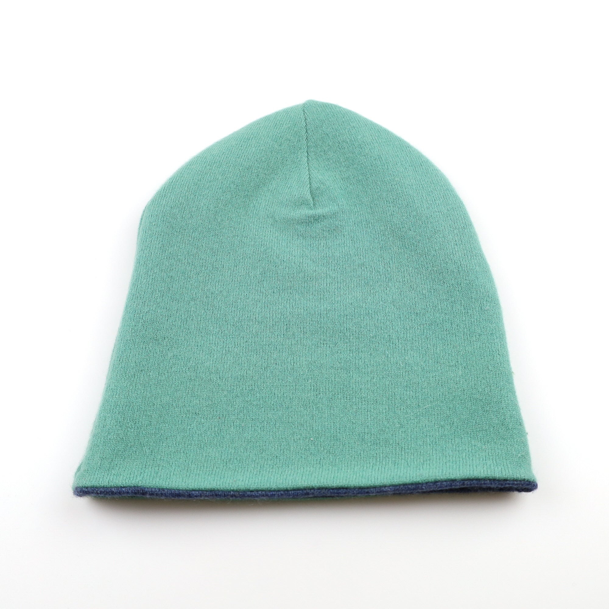 Denim Blue and Green Reversible Cashmere Beanie Hat