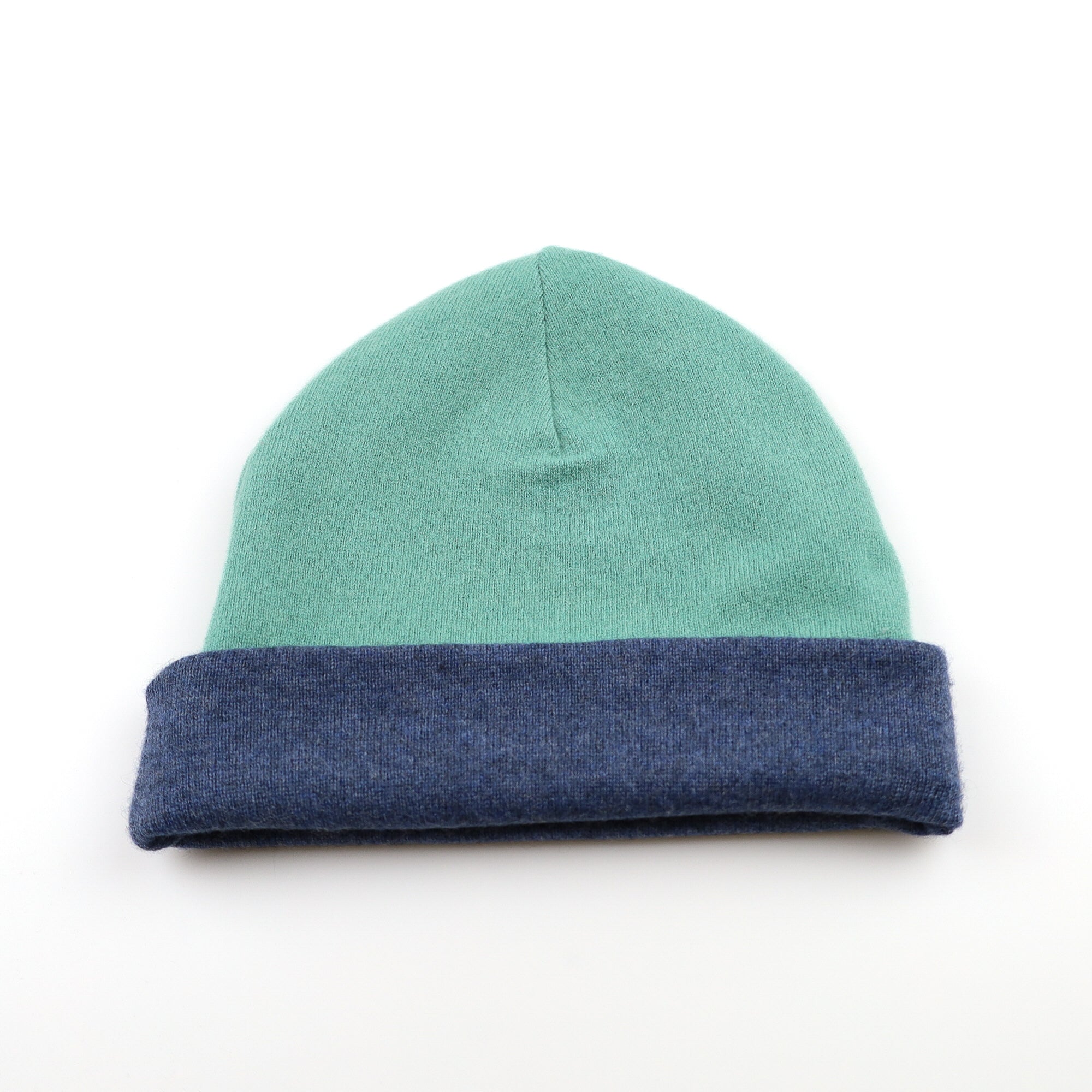 Denim Blue and Green Reversible Cashmere Beanie Hat