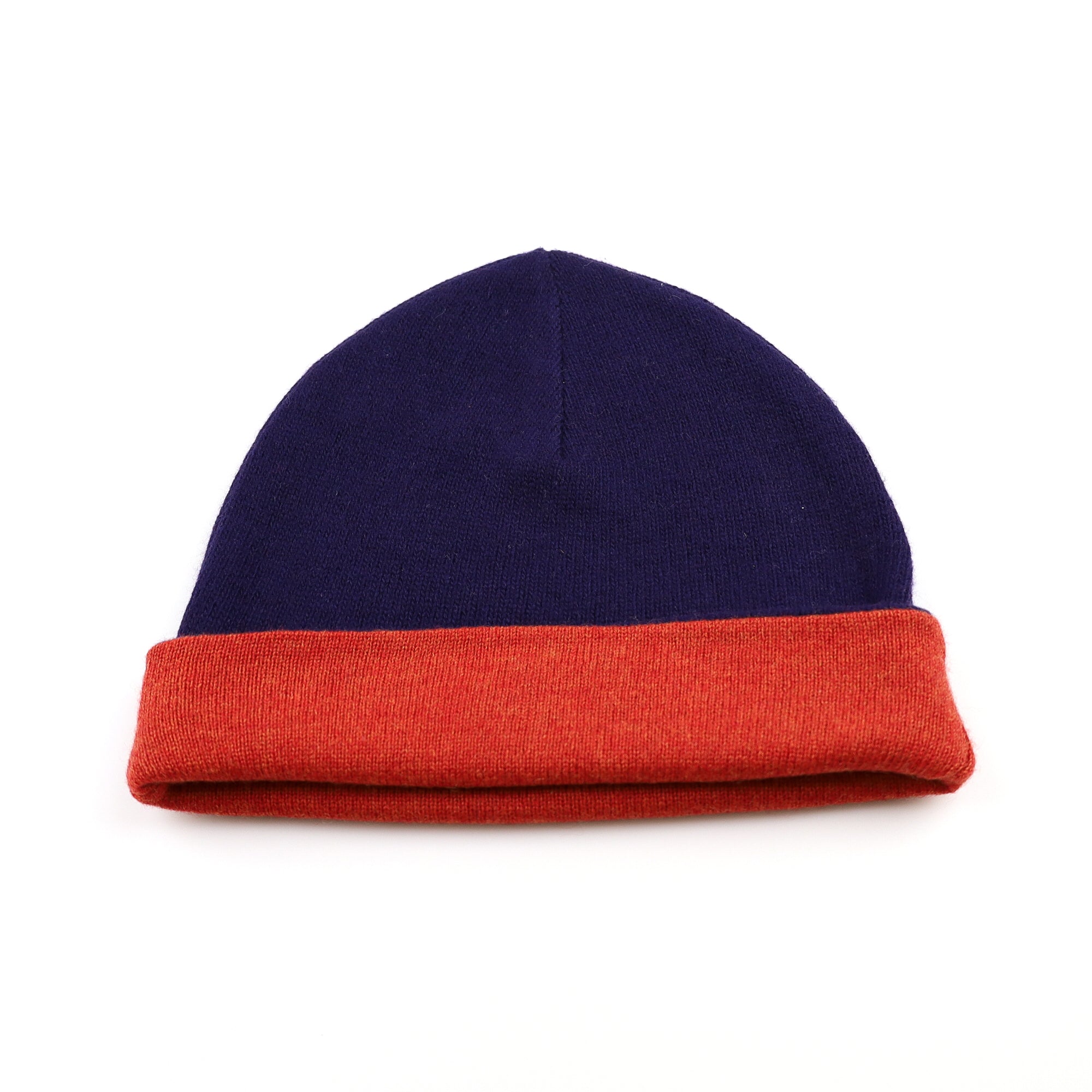 Indigo and Orange Reversible Cashmere Beanie Hat