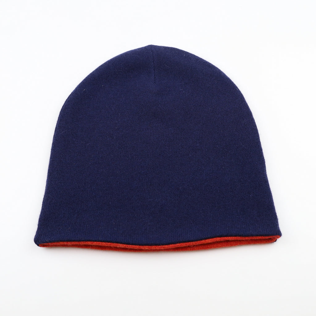 Indigo and Orange Reversible Cashmere Beanie Hat