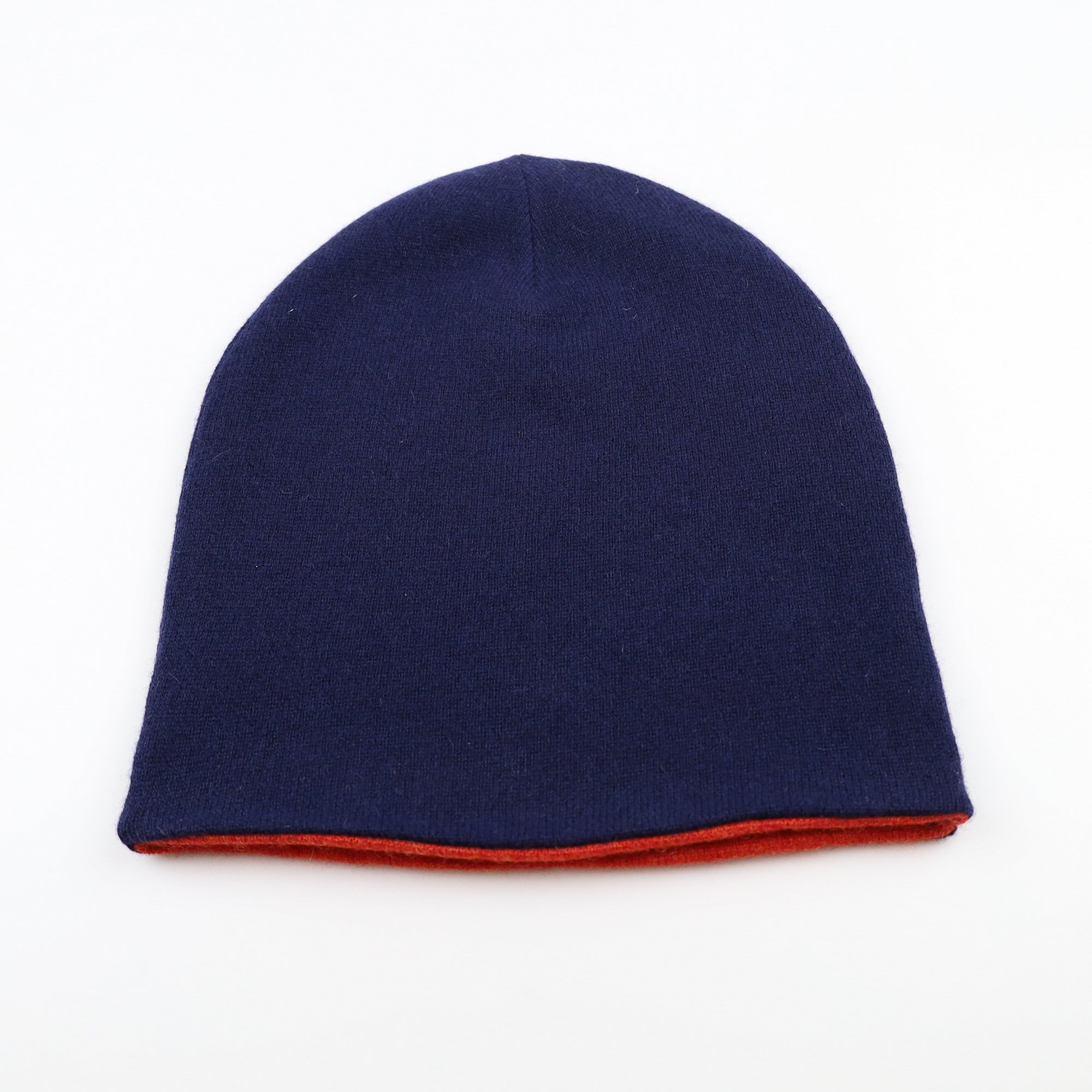 Navy Blue and Orange Reversible Cashmere Beanie Hat