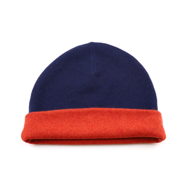 Men’s Navy Blue and Orange Reversible Cashmere Beanie Hat
