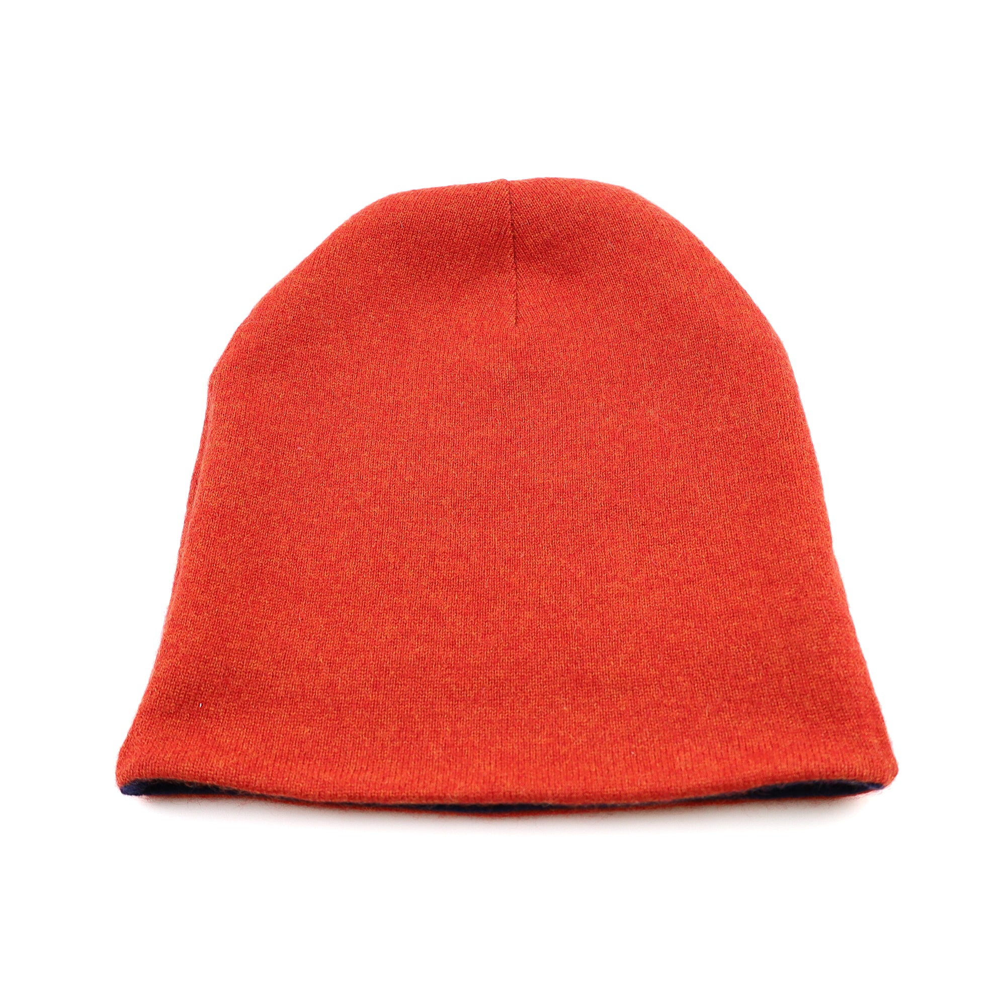 Navy Blue and Orange Reversible Cashmere Beanie Hat