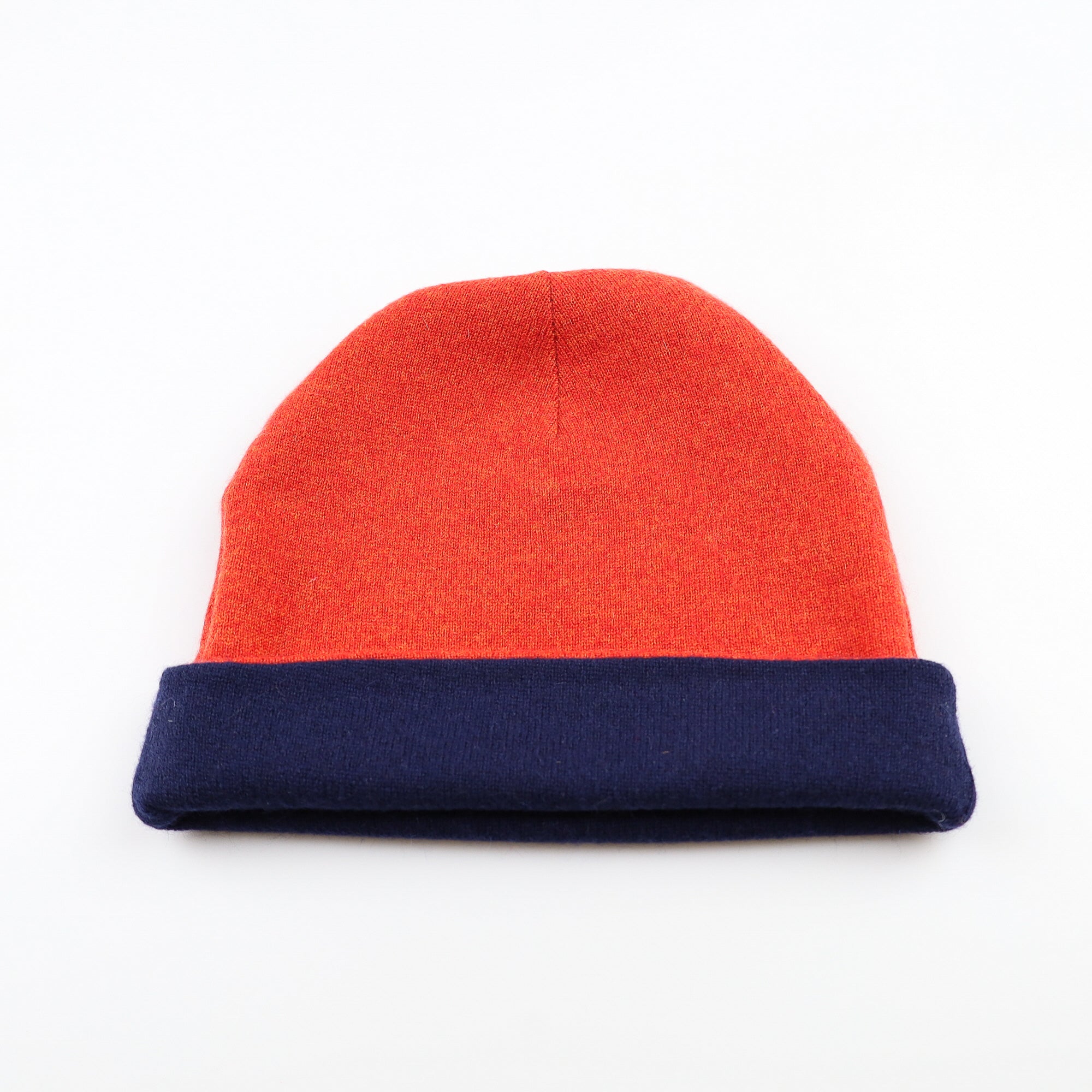 Navy Blue and Orange Reversible Cashmere Beanie Hat