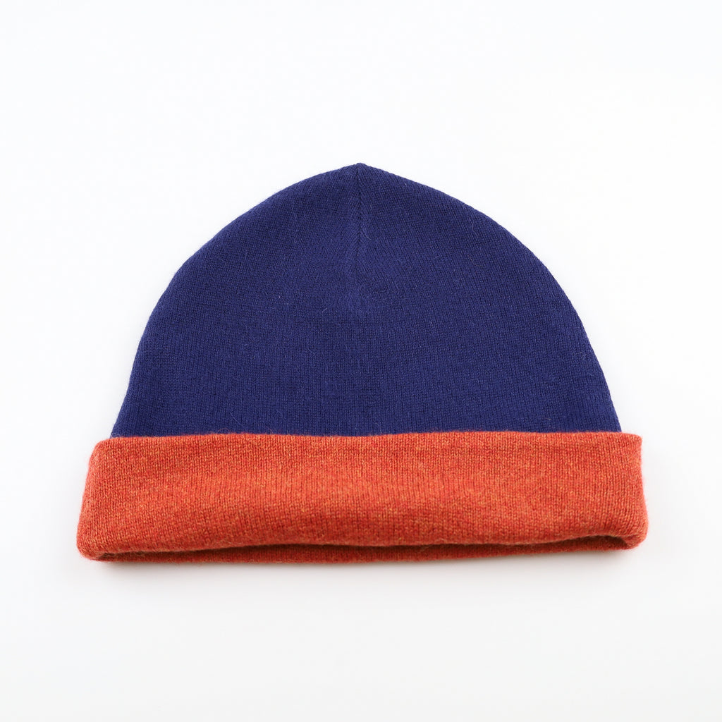 Burnt Orange and Navy Reversible Cashmere Beanie Hat