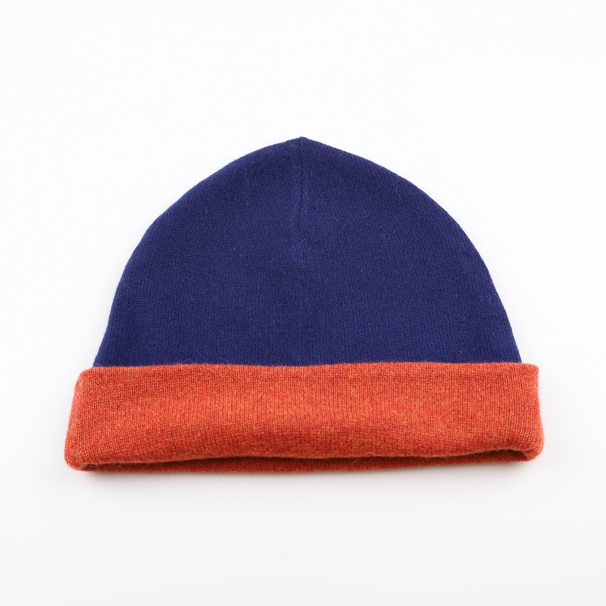 Burnt Orange and Navy Reversible Cashmere Beanie Hat
