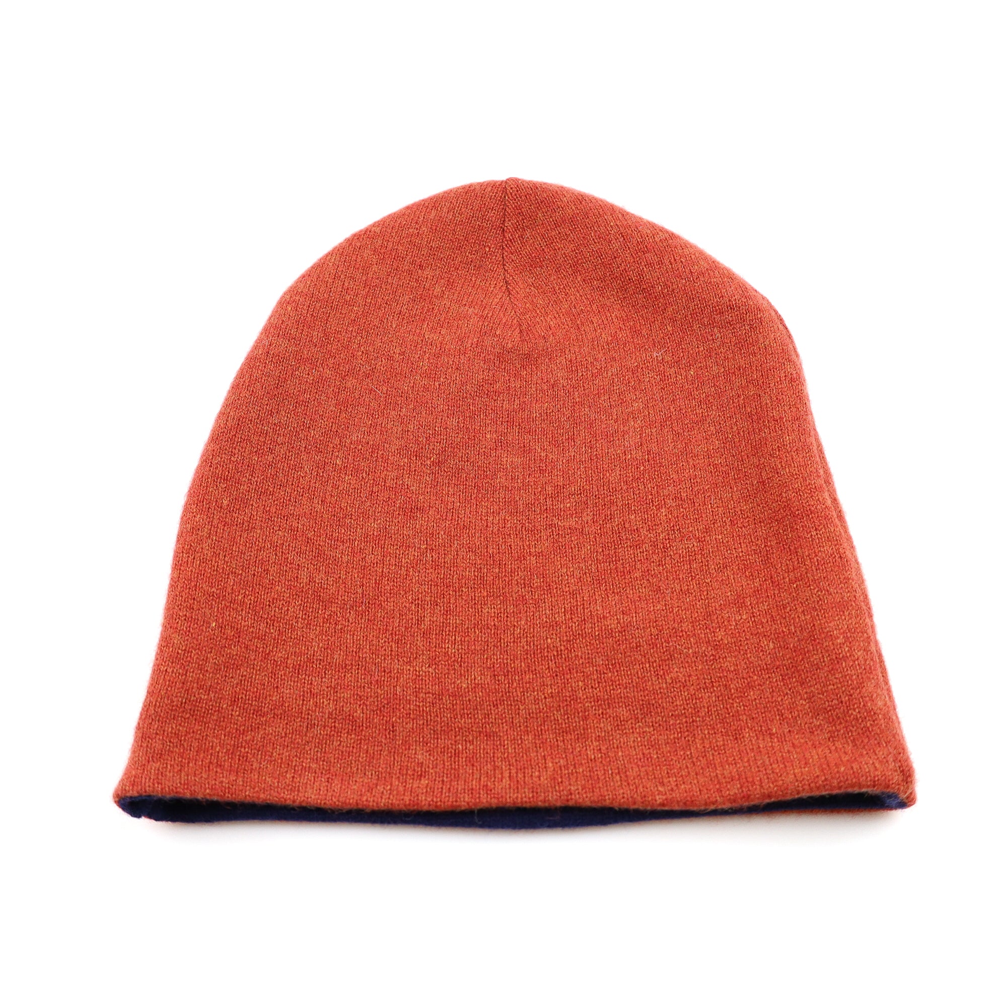 Burnt Orange and Navy Reversible Cashmere Beanie Hat