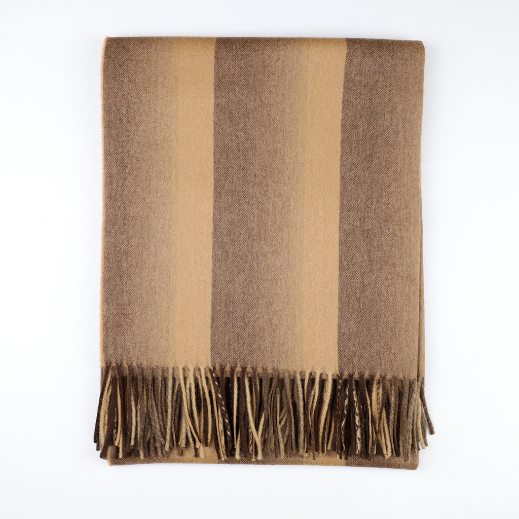 Brand New Scottish Alex Begg Caramel & Chocolate Stripe Woven Cashmere Blanket