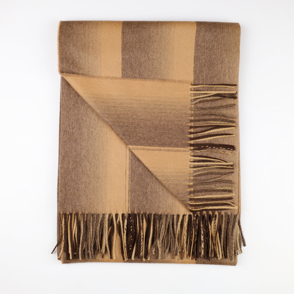 Brand New Scottish Alex Begg Caramel & Chocolate Stripe Woven Cashmere Blanket