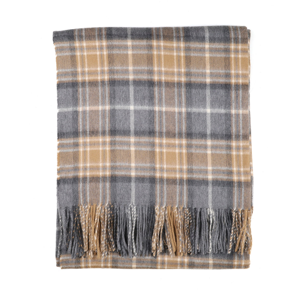 Brand New Scottish Alex Begg Grey and Camel Check Heavy Woven Cashmere Blanket