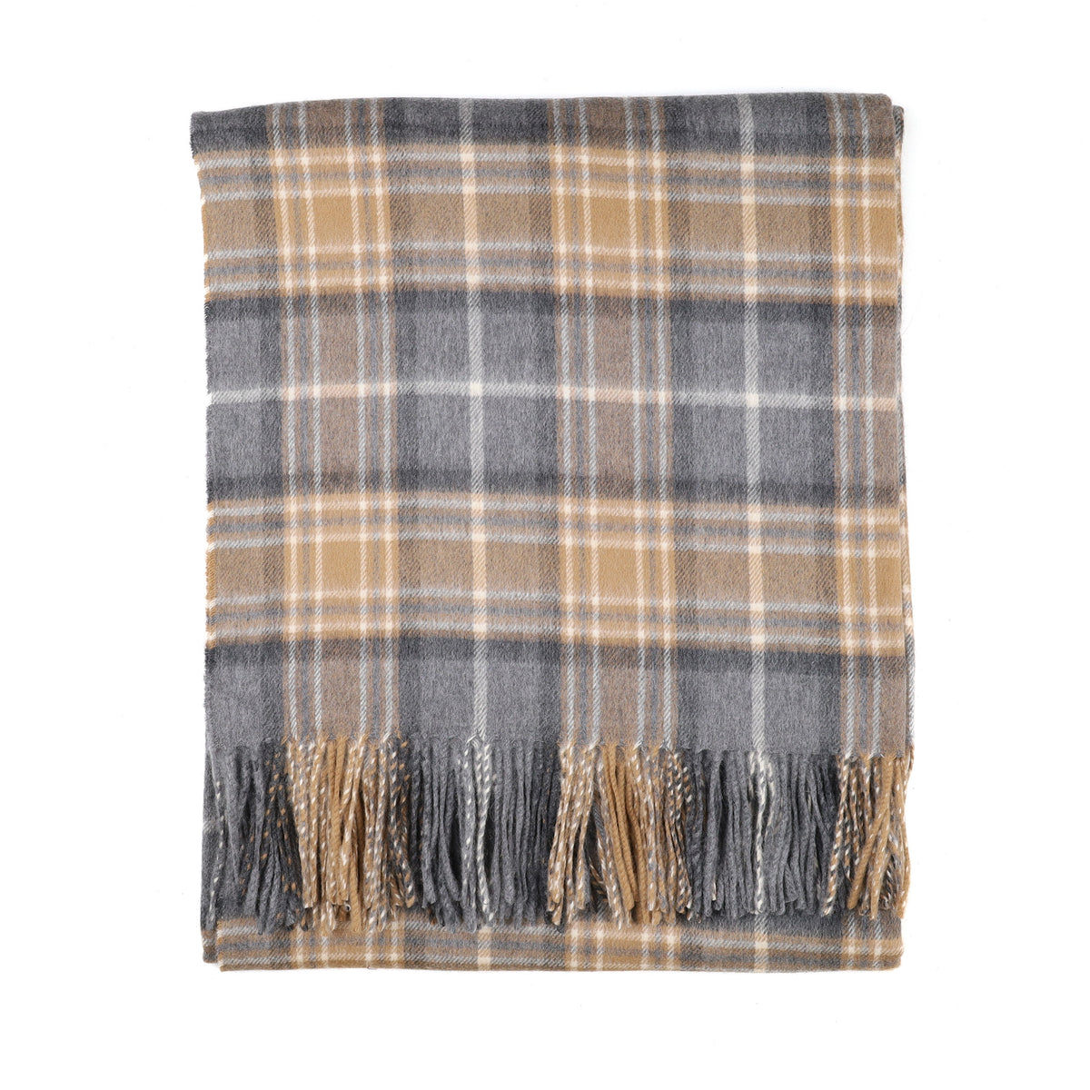 Brand New Scottish Alex Begg Grey and Camel Check Heavy Woven Cashmere Blanket