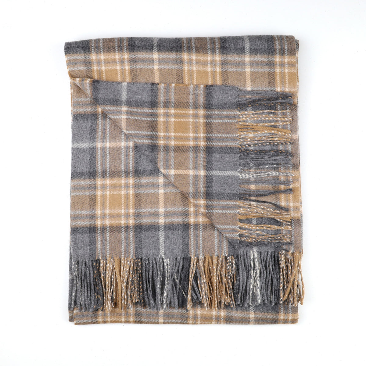 Brand New Scottish Alex Begg Grey and Camel Check Heavy Woven Cashmere Blanket