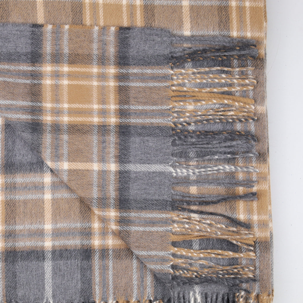 Brand New Scottish Alex Begg Grey and Camel Check Heavy Woven Cashmere Blanket