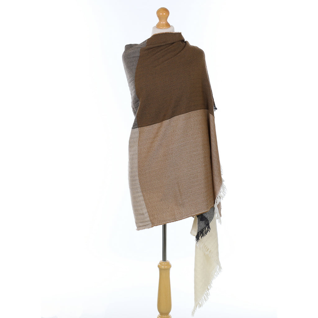 Brand New Begg & Co Brown and Grey Colour Block Cashmere Woven Wrap