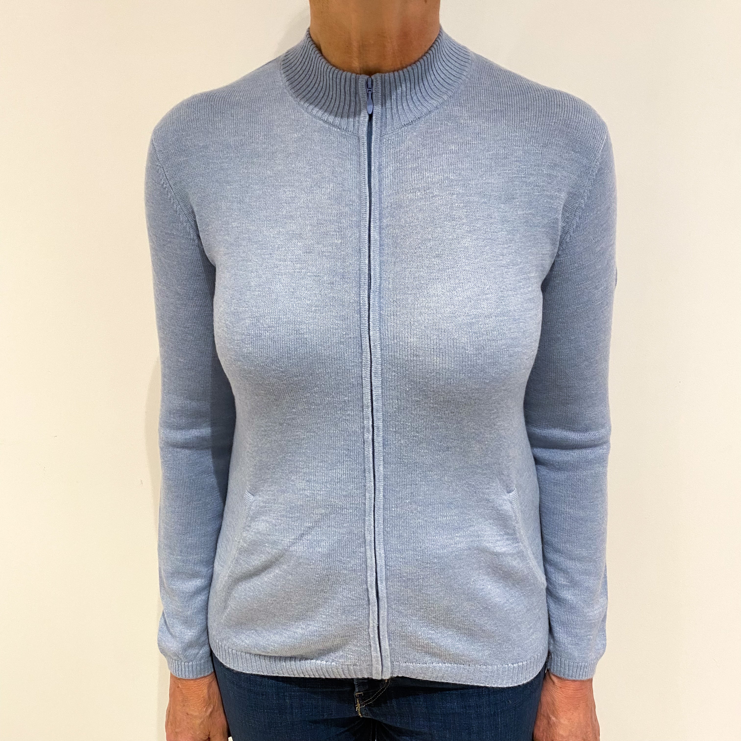 Pale Blue Cashmere Zip Up Cardigan with Pockets Medium