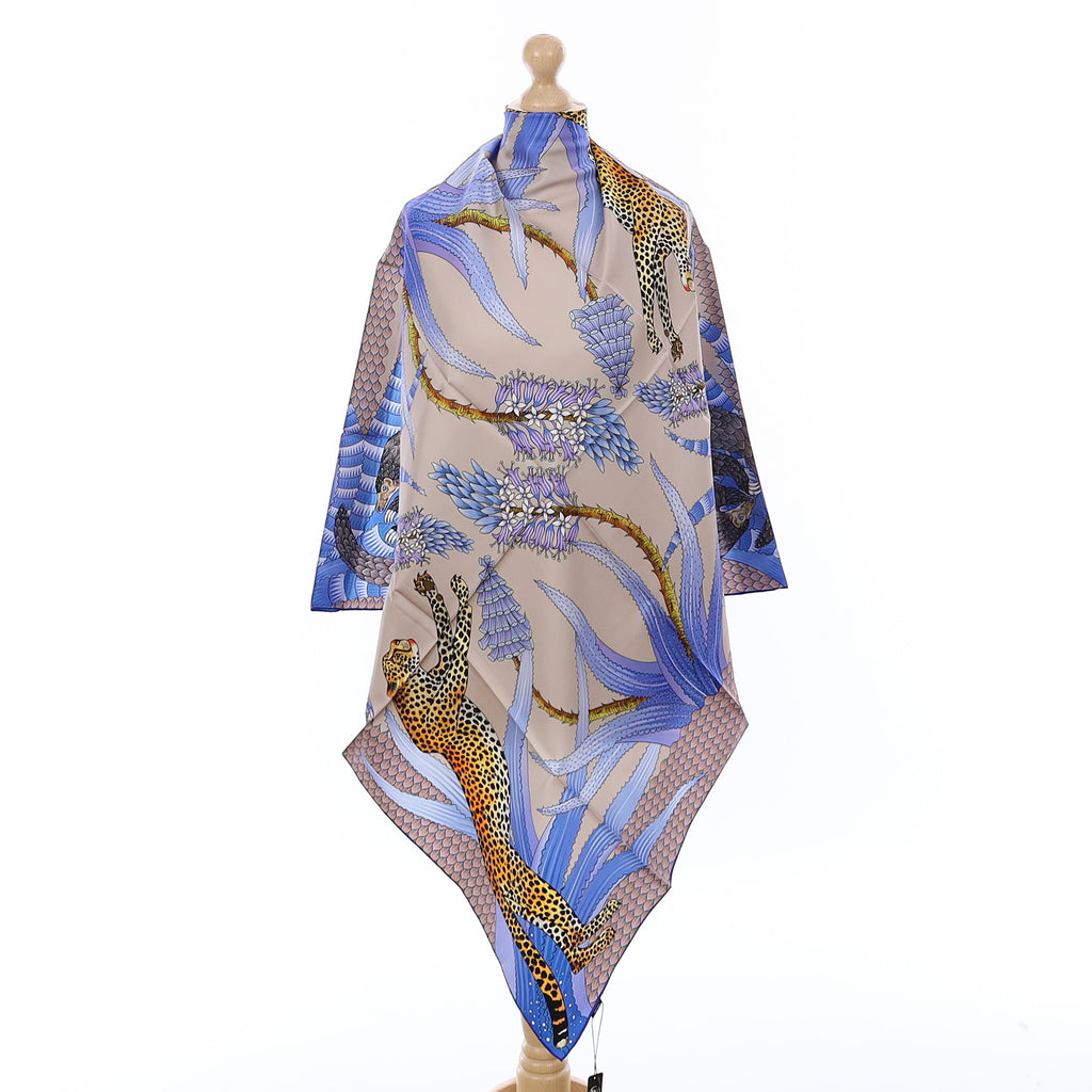 Brand New Bellezza Antique Grey & Blue Leopard Double Faced Silk Scarf