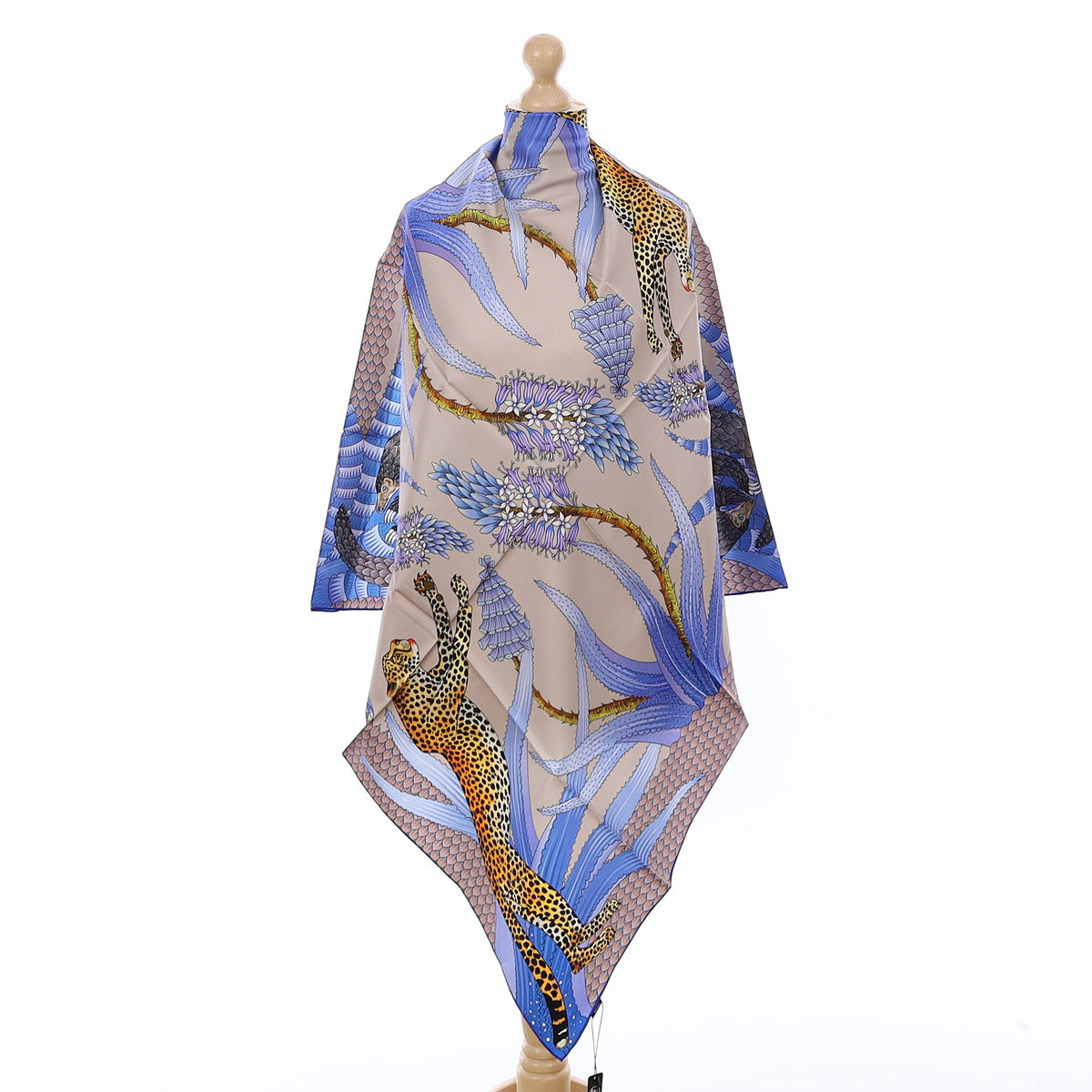 Brand New Bellezza Antique Grey & Blue Leopard Double Faced Silk Scarf