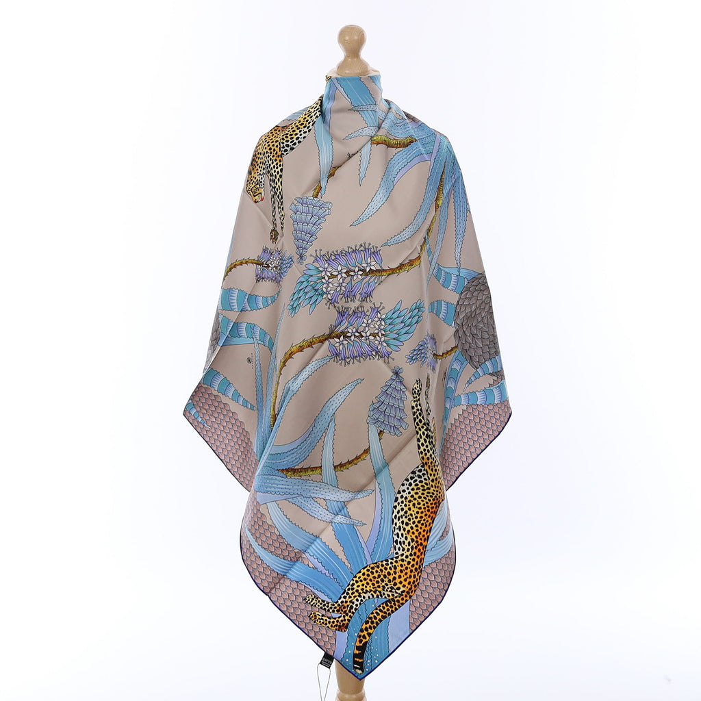 Brand New Bellezza Antique Grey & Blue Leopard Double Faced Silk Scarf