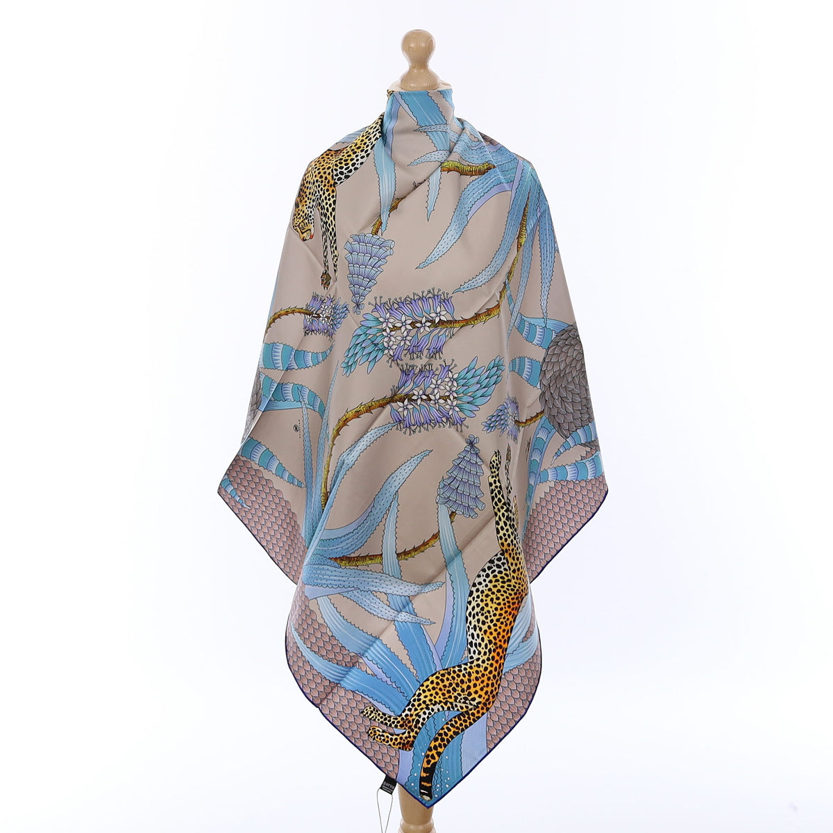 Brand New Bellezza Antique Grey & Blue Leopard Double Faced Silk Scarf